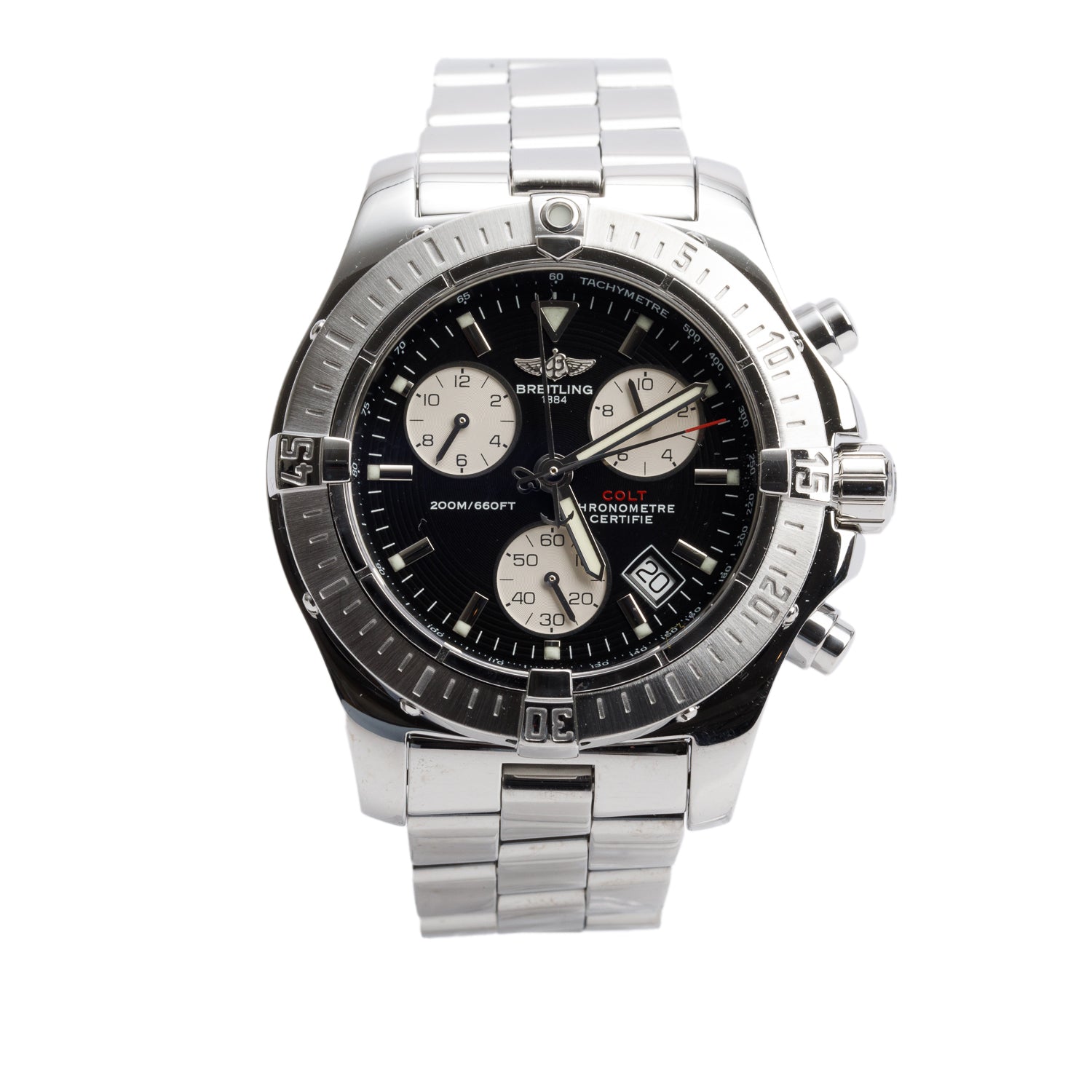 Breitling Stainless Steel Colt 41.5 MM Chronograph Quartz Watch Black Dial A73380 w/ Box & Papers