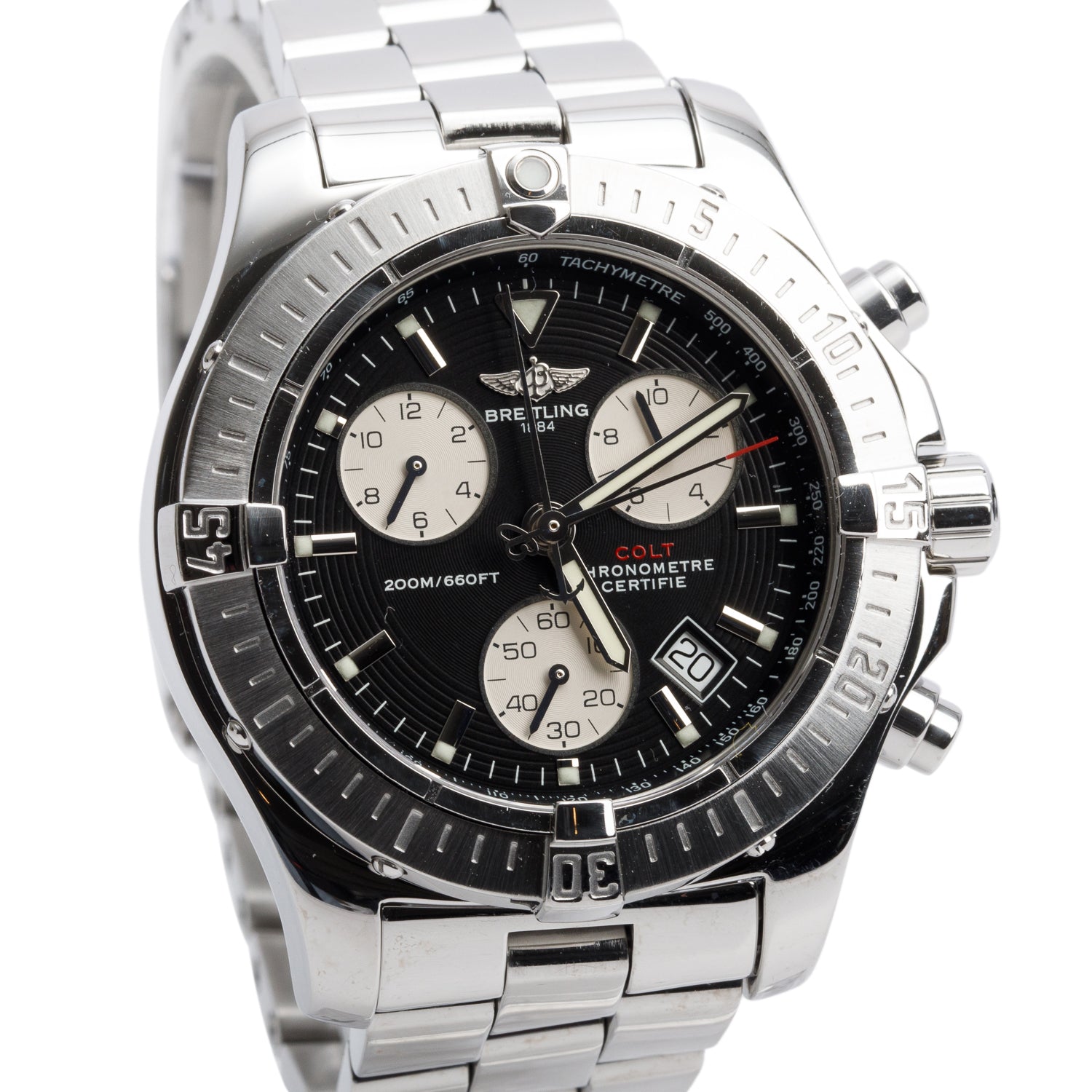 Breitling Stainless Steel Colt 41.5 MM Chronograph Quartz Watch Black Dial A73380 w/ Box & Papers