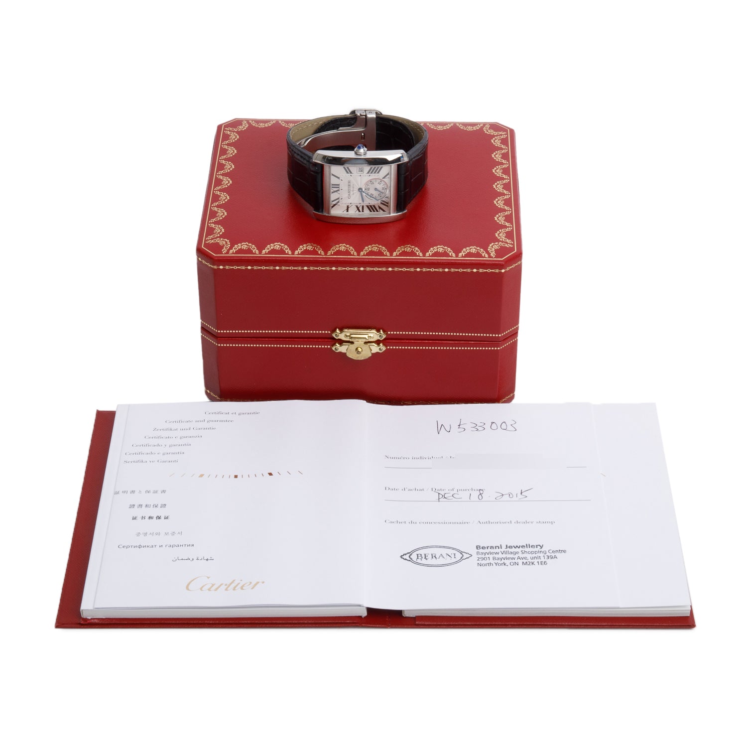 Cartier Stainless Steel Tank MC Automatic Watch, Large Model 3589 w/ Box, Papers & Receipt