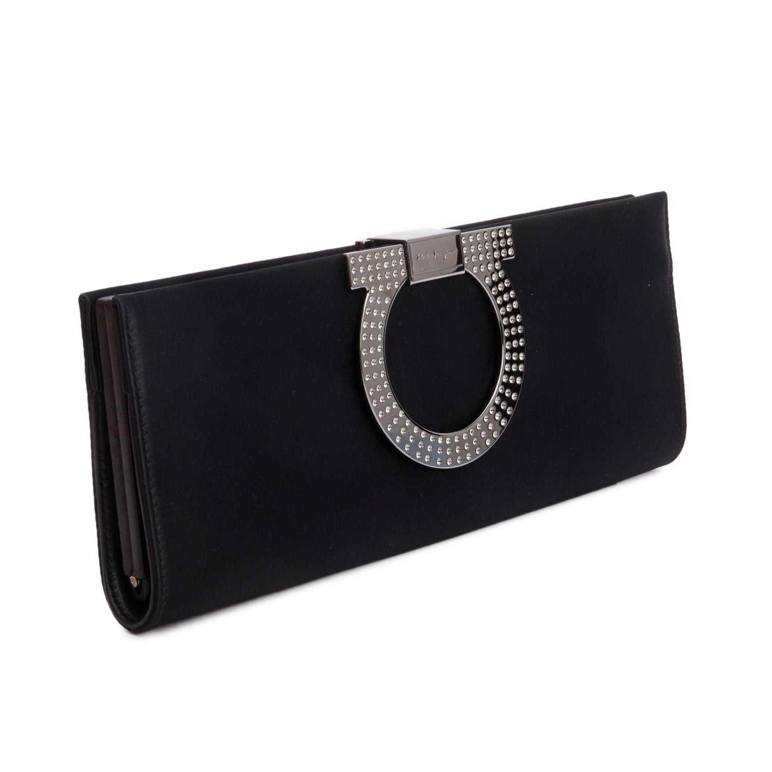 Ferragamo Black Satin Leather Musa Clutch Bag