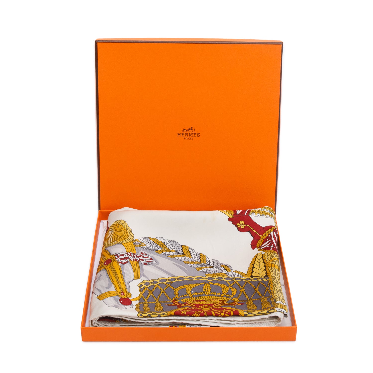 Hermes White/Multicolor 'Le Timbalier' Silk Scarf 90 w/ Box