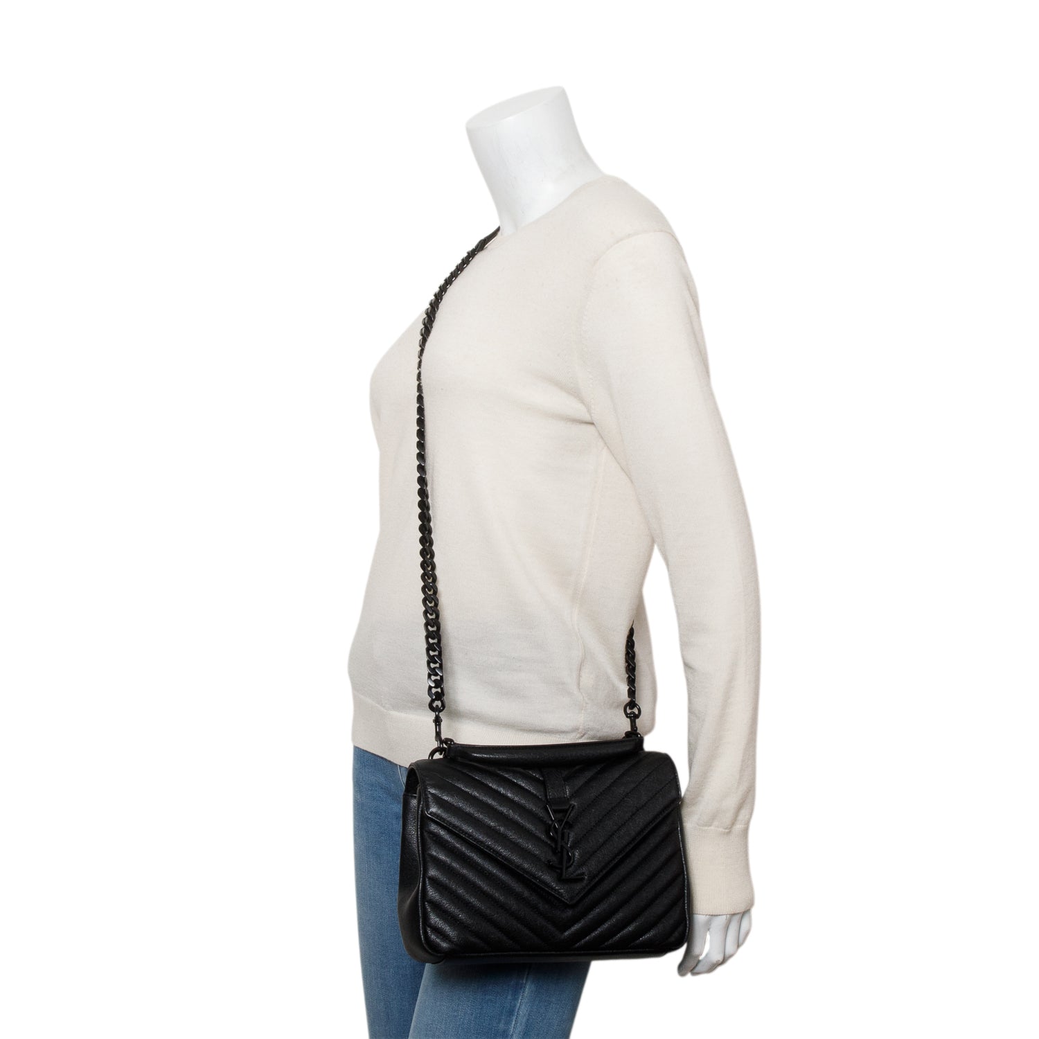 Saint Laurent Black Leather Medium Chevron College Bag