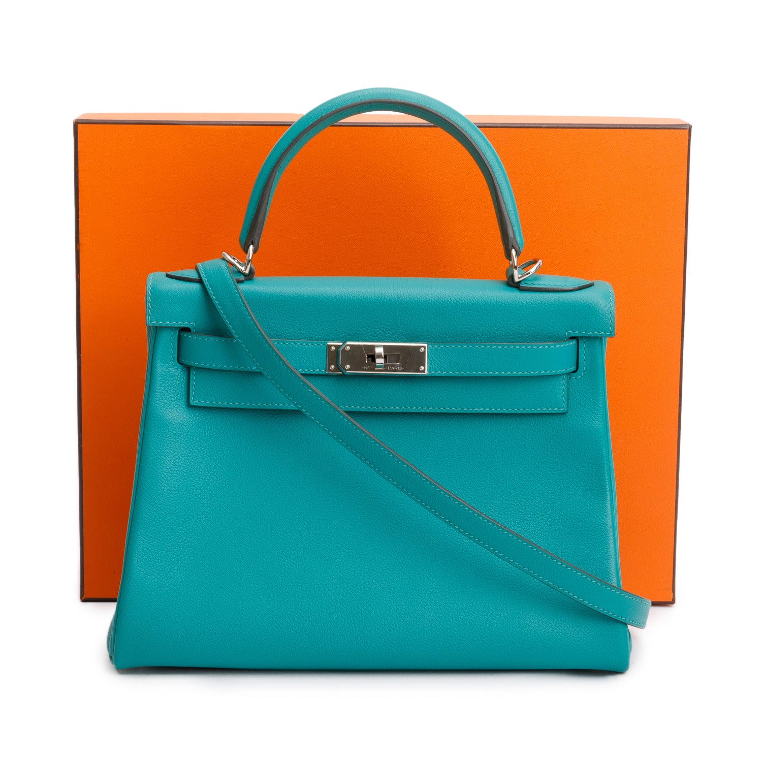 Hermes Bleu Paon & Blue Azteque Evercolor Kelly II Retourne 28 w/ Strap & Box