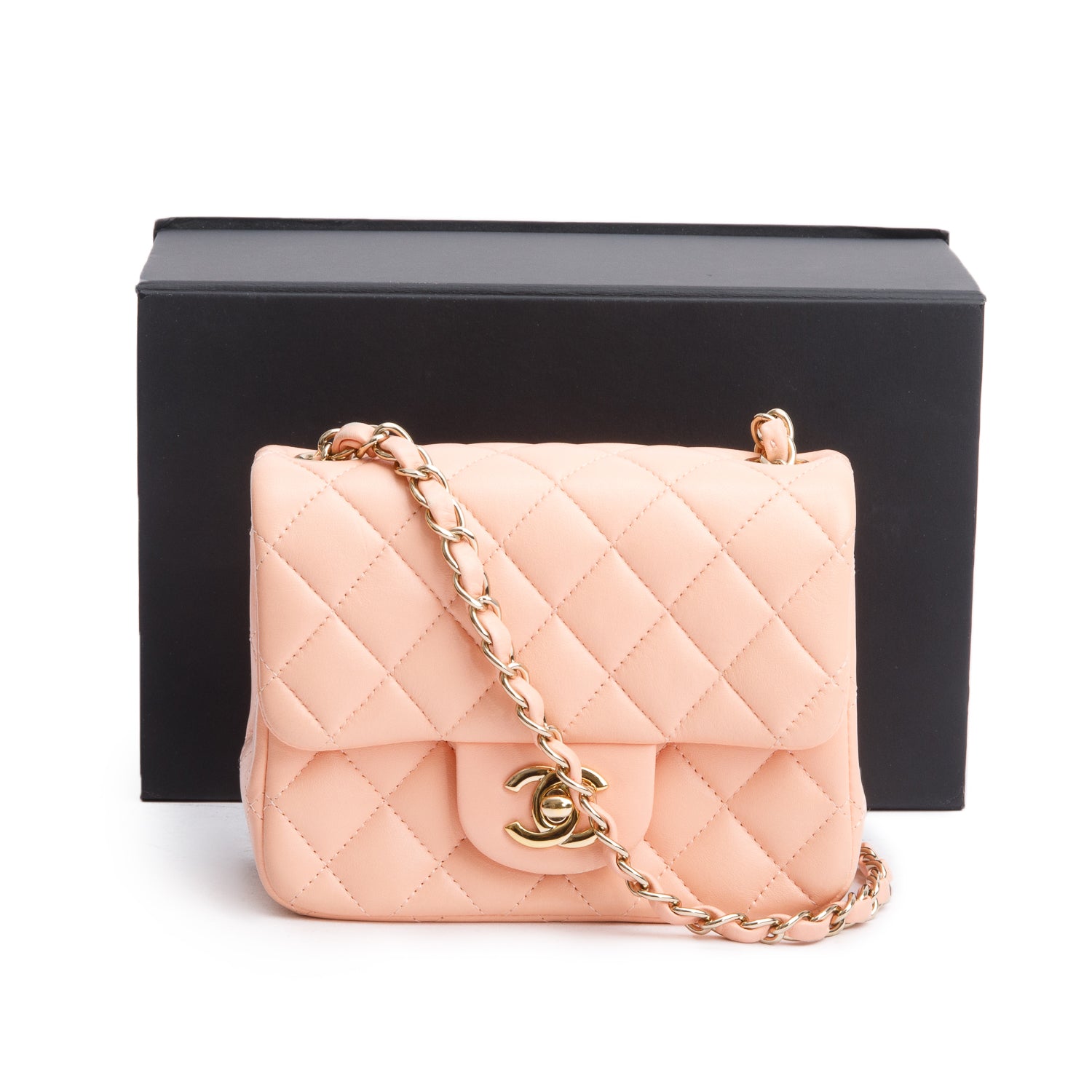 Chanel 2022 Peach Quilted Lambskin Leather Classic Square Mini Flap Bag w/Box & Receipt