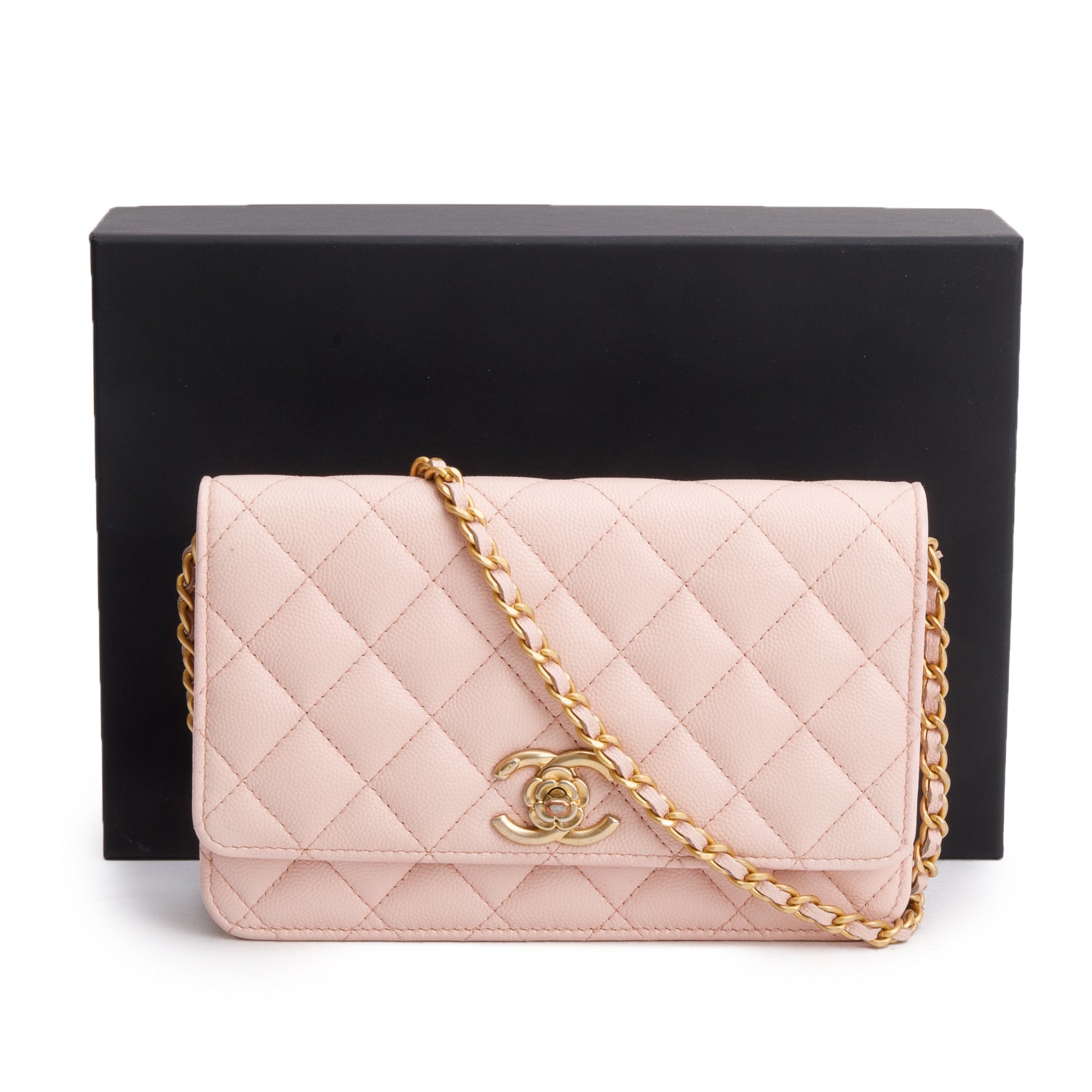 Chanel 2024 Pink Quilted Caviar Leather Camellia Classic Wallet on Chain w/ Box & Receipt