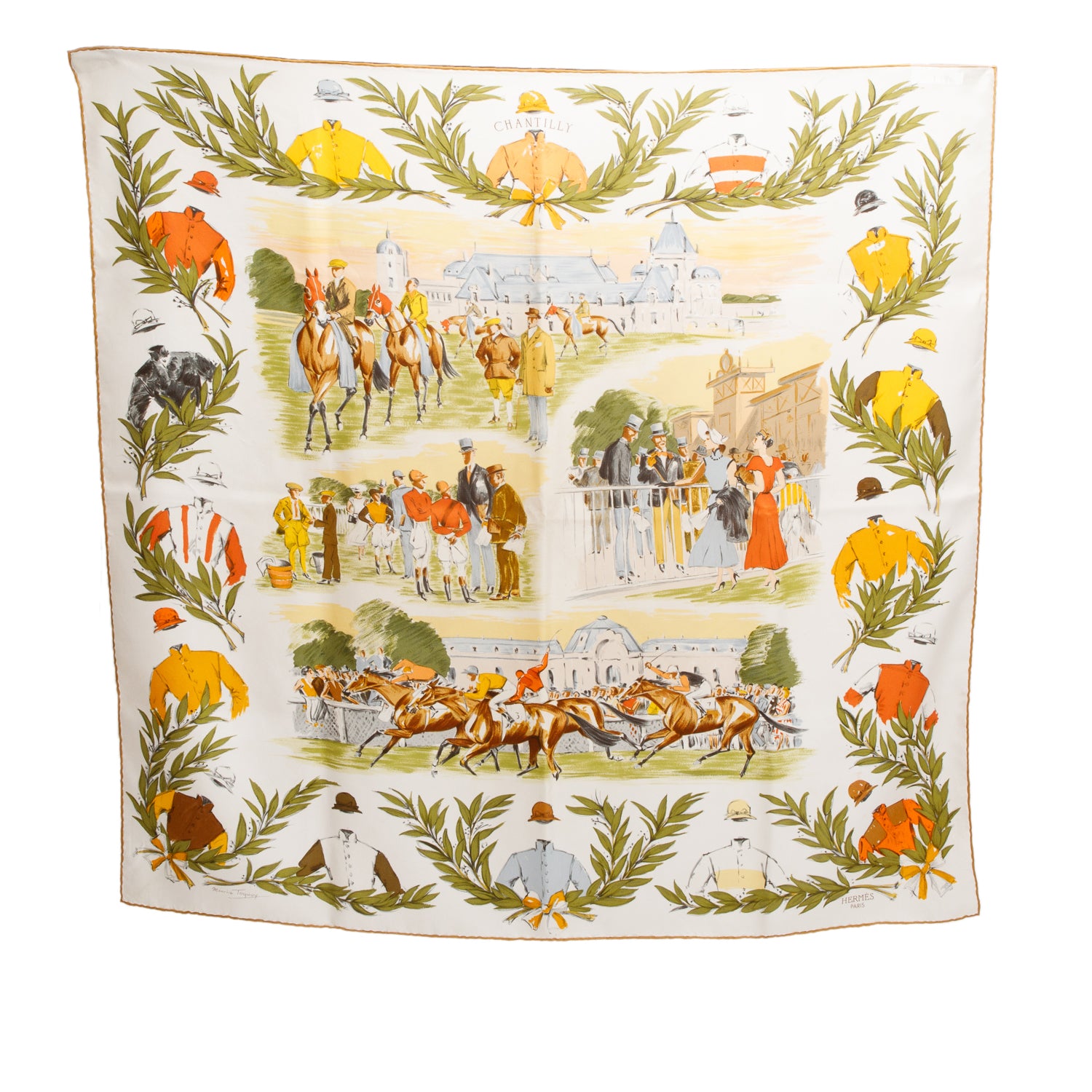Hermes Creme/Multicolor 'Chantilly' Silk Scarf 90 w/ Box