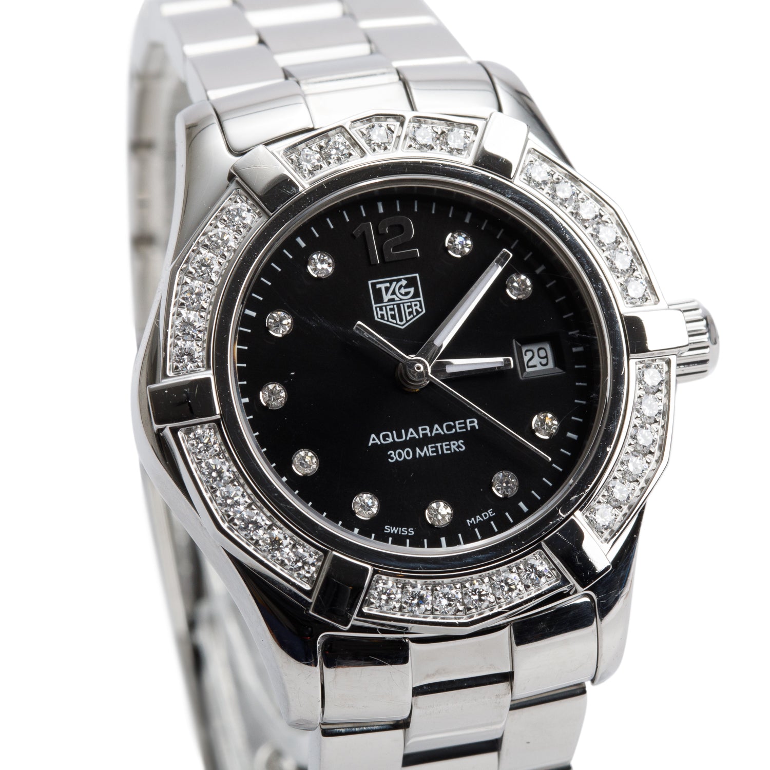 Tag Heuer Stainless Steel Diamond Bezel Aquaracer 27 MM Quartz Watch Black Diamond Dial WAF141D w/ Box & Papers