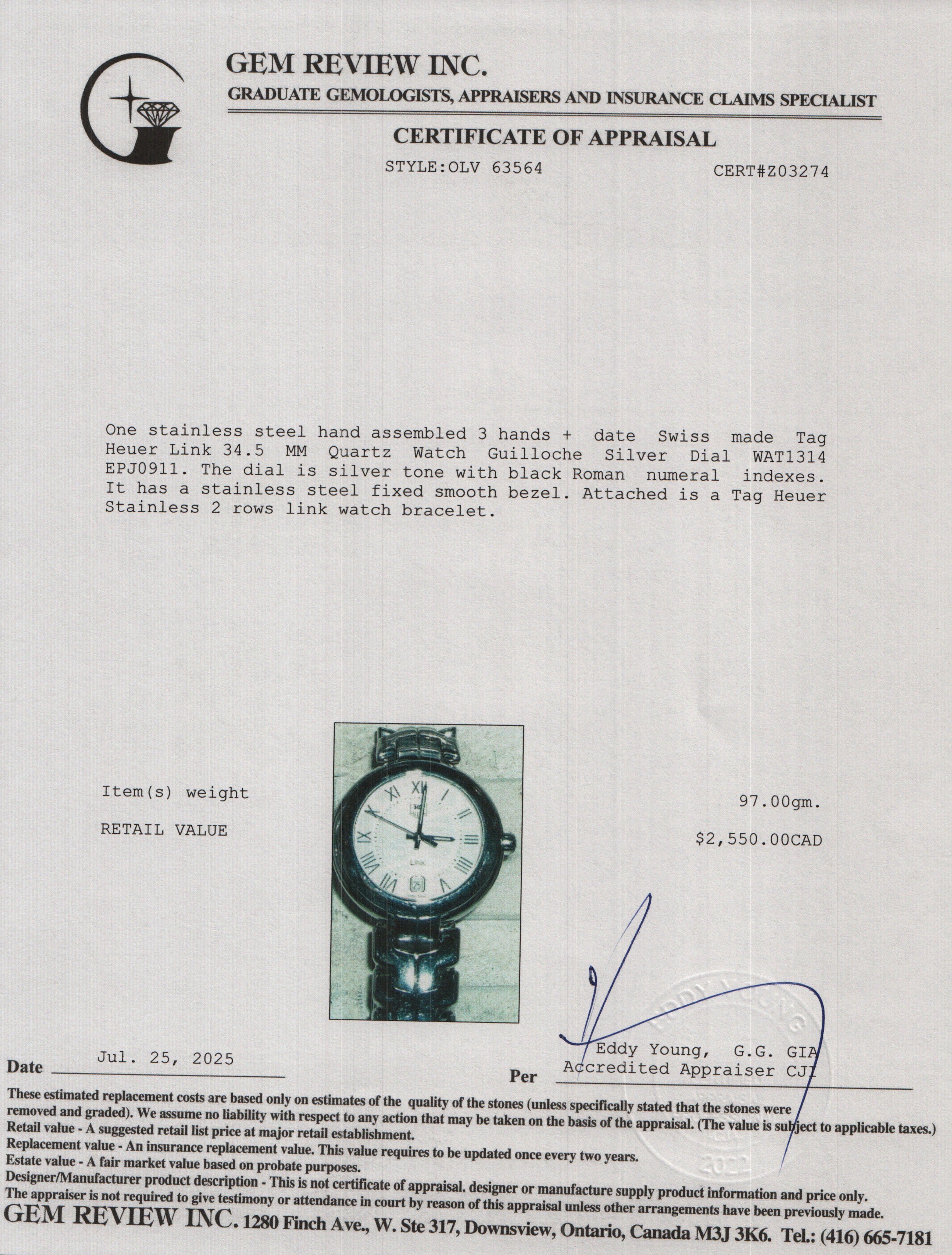 Tag Heuer Stainless Steel Link 34.5 MM Quartz Watch Guilloche Silver Dial WAT1314 w/ Box