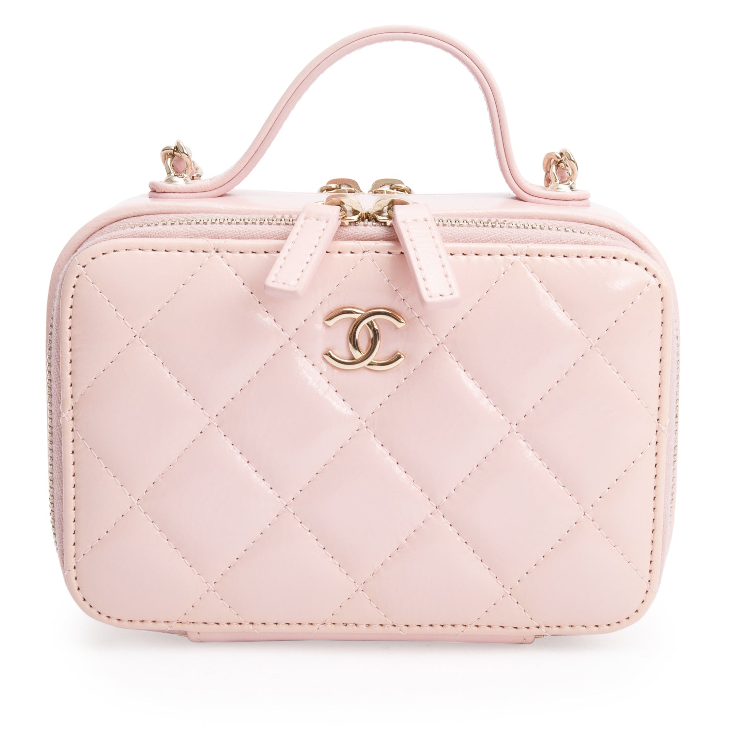 Chanel Pink Quilted Glazed Calfskin Leather Mini Double Zip CC Vanity Case