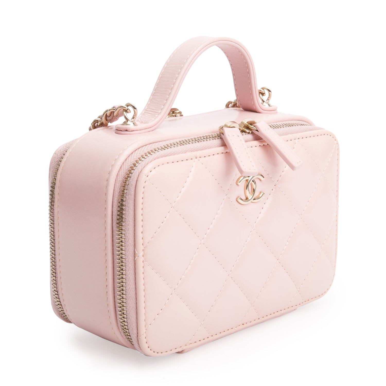 Chanel Pink Quilted Glazed Calfskin Leather Mini Double Zip CC Vanity Case