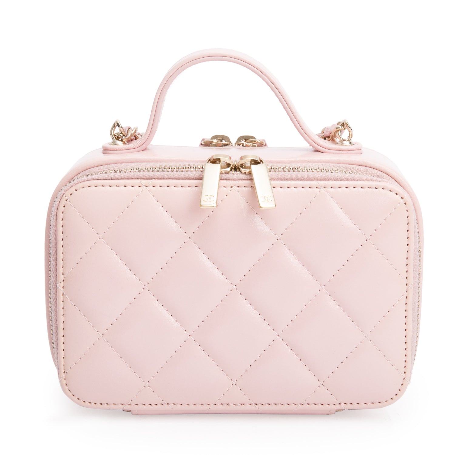 Chanel Pink Quilted Glazed Calfskin Leather Mini Double Zip CC Vanity Case