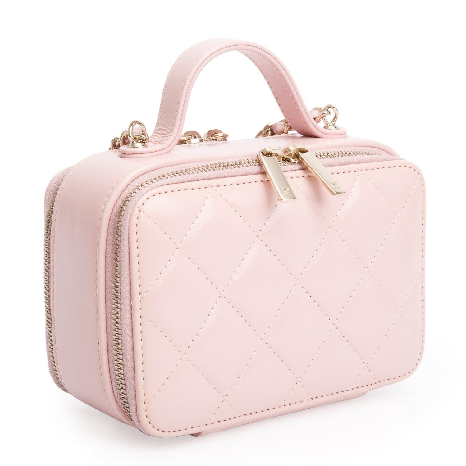 Chanel Pink Quilted Glazed Calfskin Leather Mini Double Zip CC Vanity Case