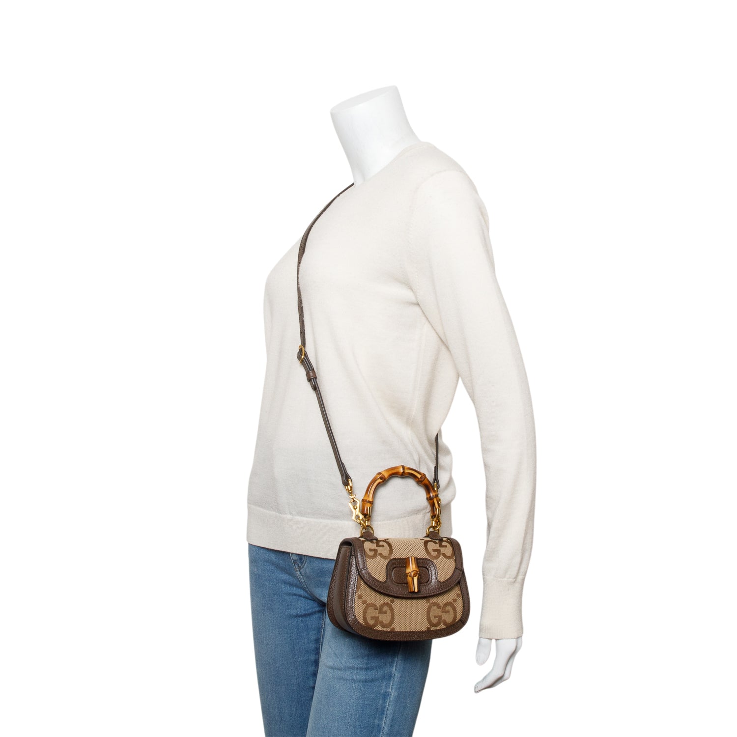 Gucci Beige/Brown Jumbo GG Canvas Bamboo 1947 Mini Top Handle Bag w/ Straps