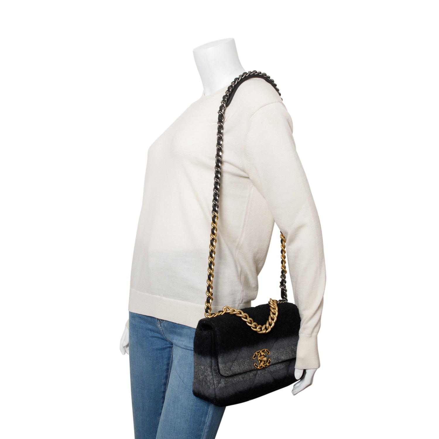 Chanel 2021 Black & Grey Wool Medium 19 Flap Bag w/ Box & Receipt