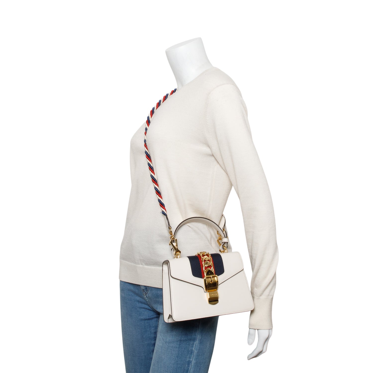 Gucci White Calfskin Leather Mini Sylvie Handle Bag w/ Straps