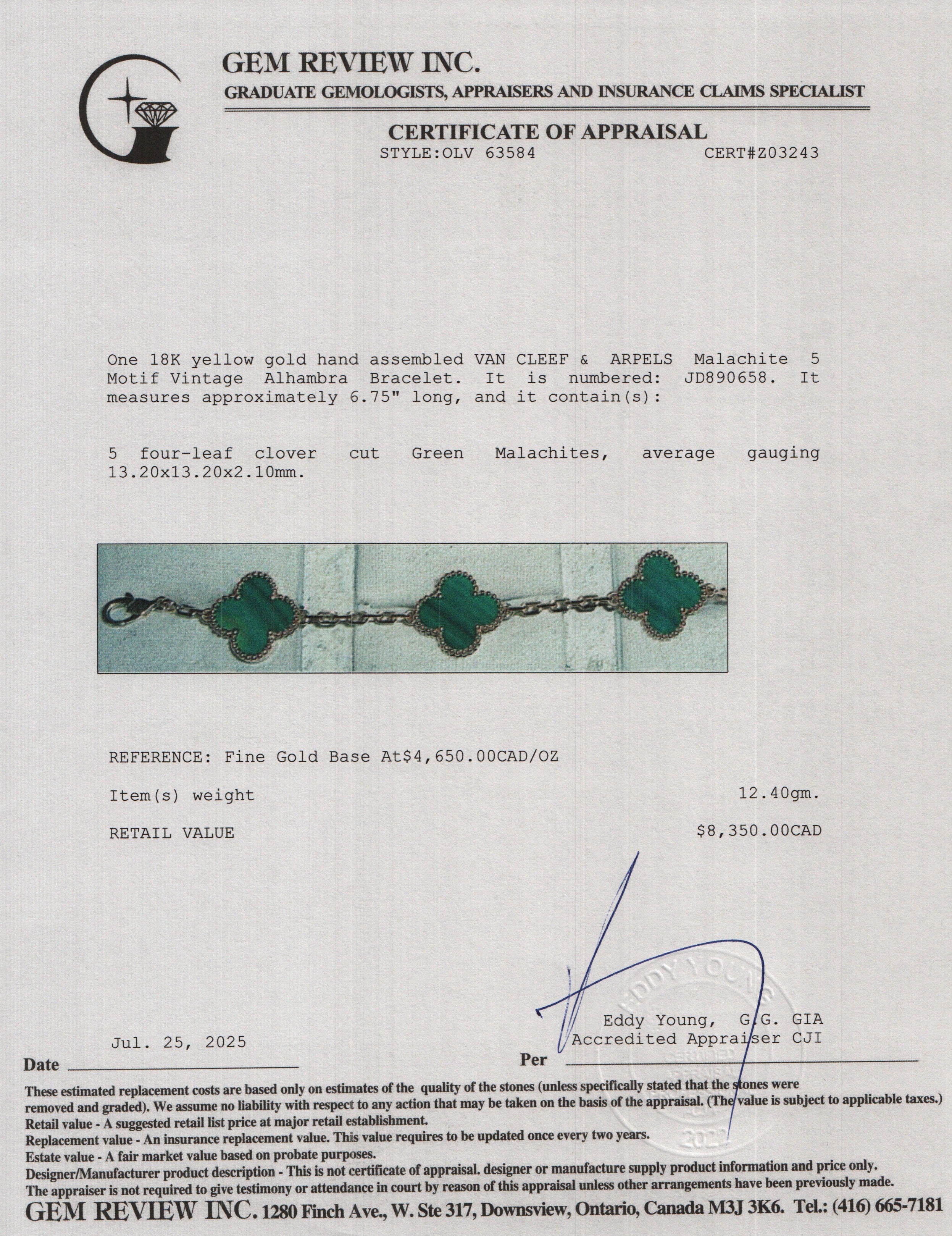 Van Cleef & Arpels 2024 18k Yellow Gold Vintage 5 Motif Malachite Bracelet w/ Box & Receipt