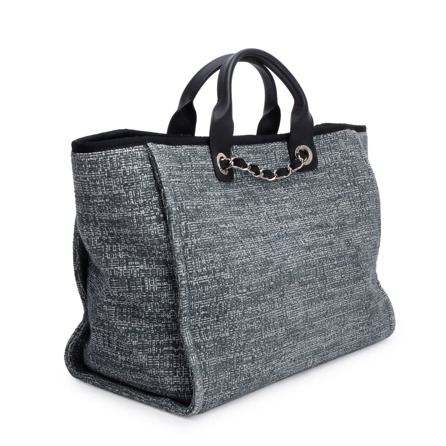 Chanel Grey Canvas Black Calfskin Leather Trim Medium Deauville Shopping Tote w/ Authenticity Card