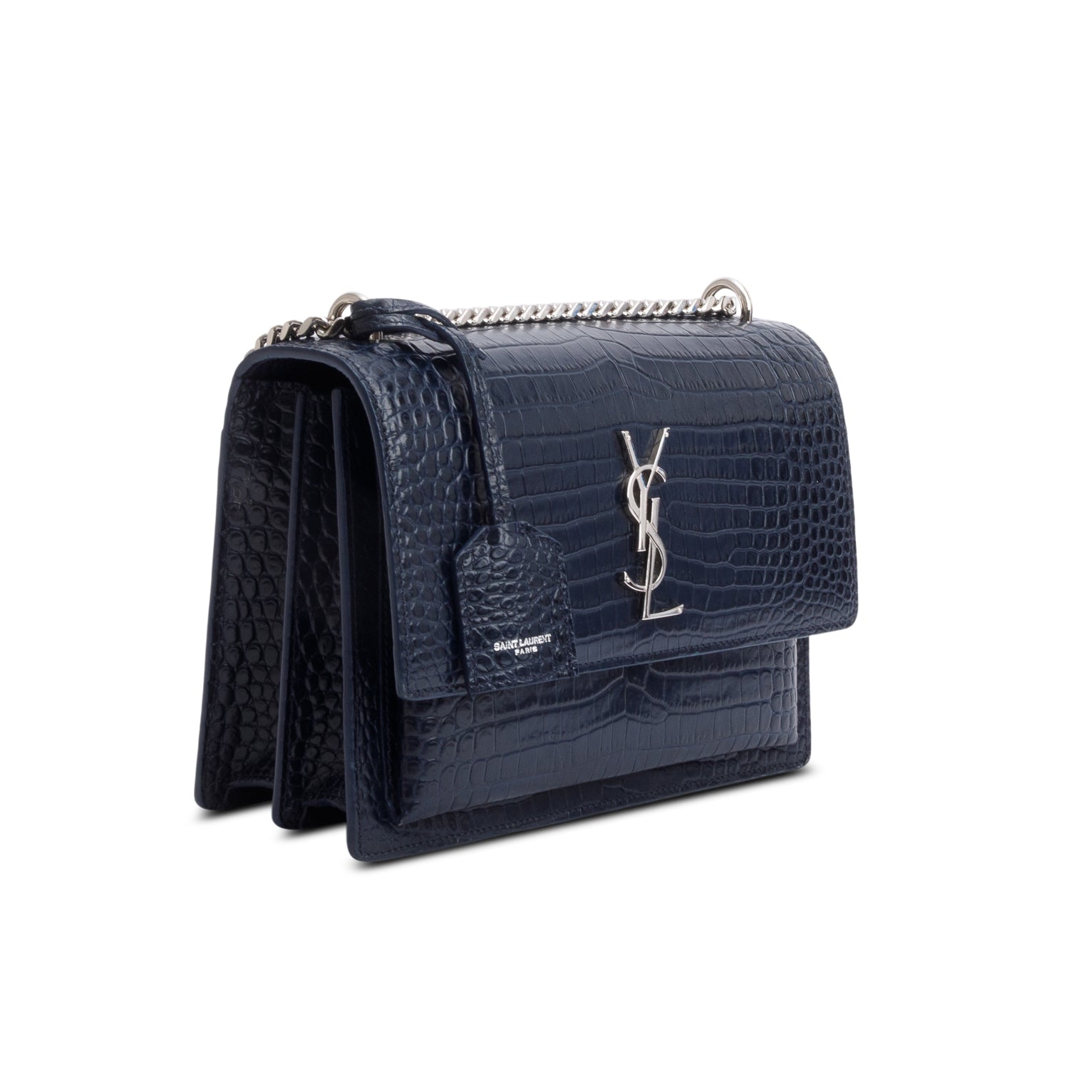 Saint Laurent Navy Croc Embossed Leather Medium Sunset Bag
