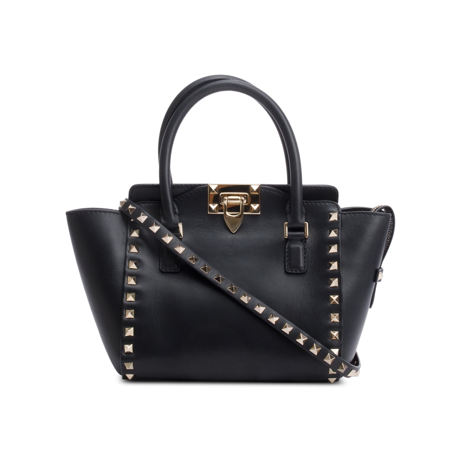 Valentino Black Smooth Leather Mini Rockstud Double Handle Tote w/ Strap