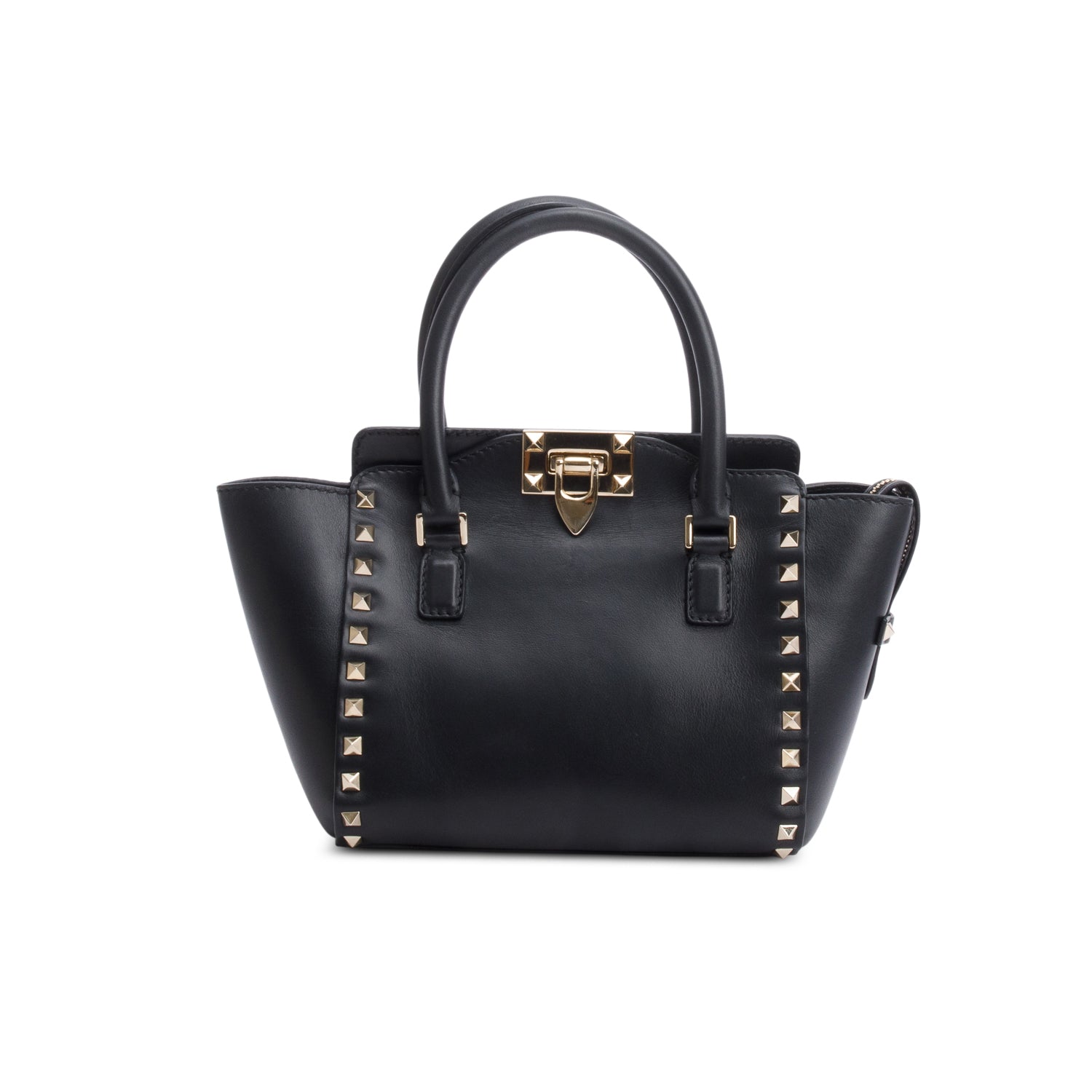 Valentino Black Smooth Leather Mini Rockstud Double Handle Tote w/ Strap