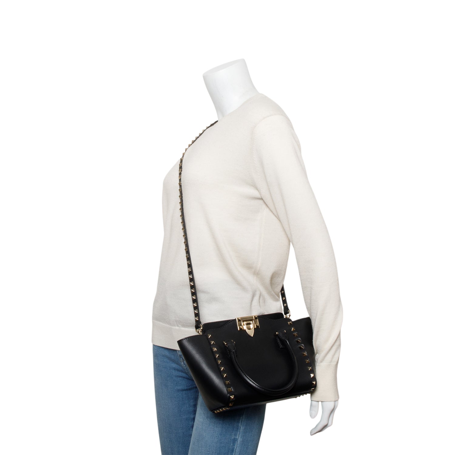 Valentino Black Smooth Leather Mini Rockstud Double Handle Tote w/ Strap