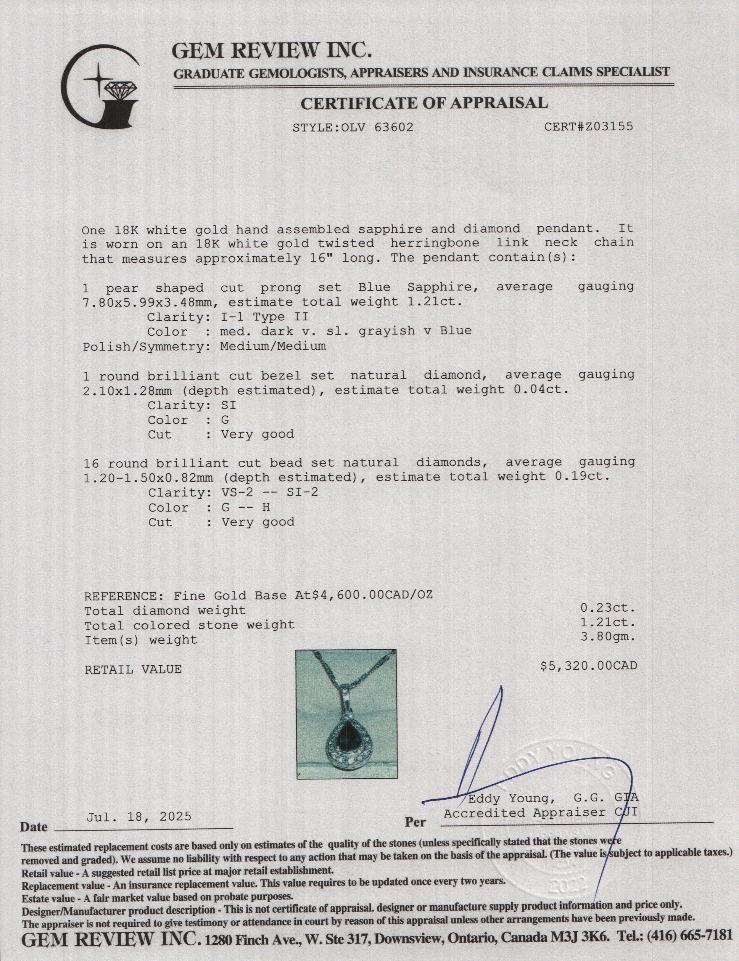 14k White Gold Blue Sapphire and Diamond Pendant Necklace