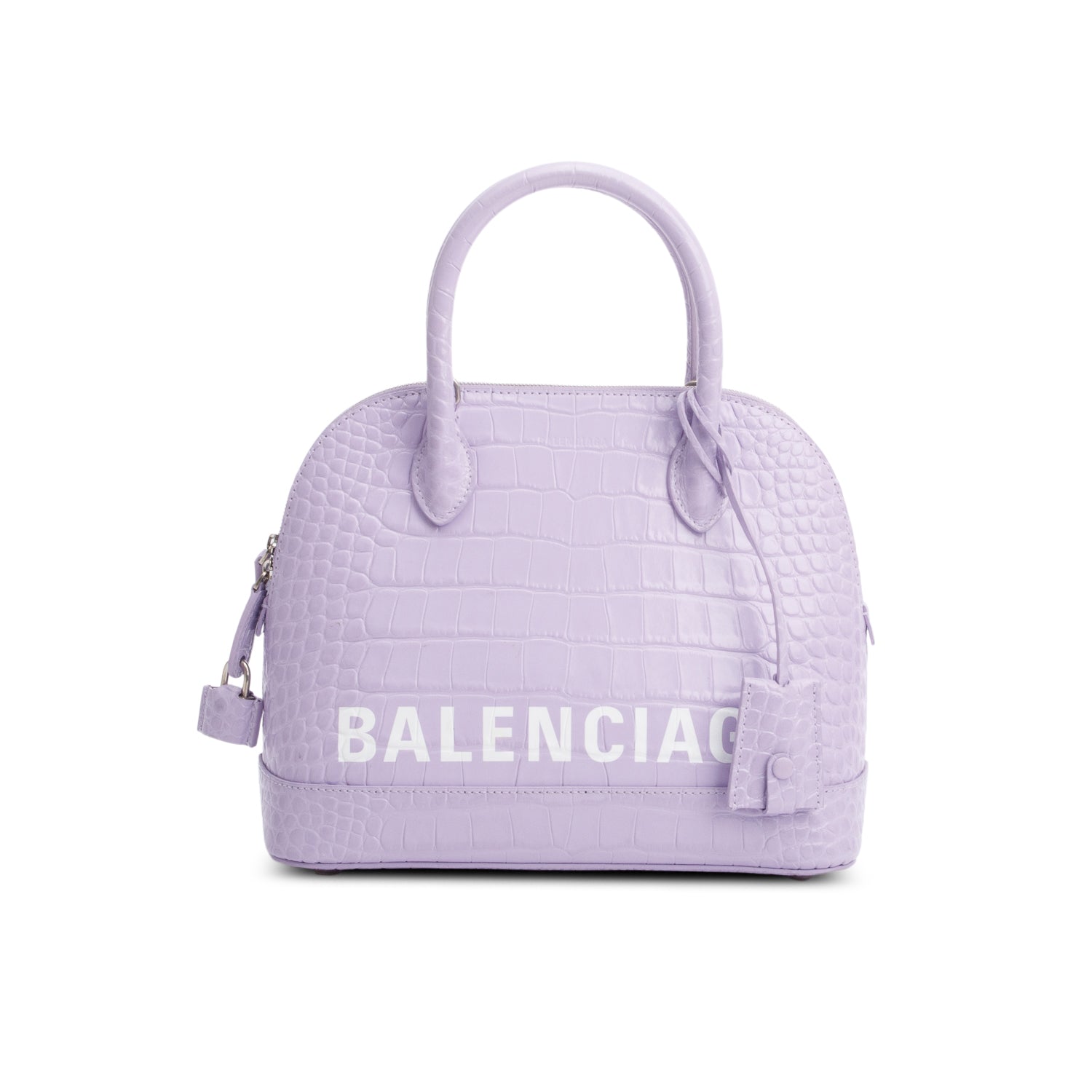 Balenciaga Lilac Shiny Calfskin Logo Croc Embossed S Ville Top Handle Bag w/ Strap