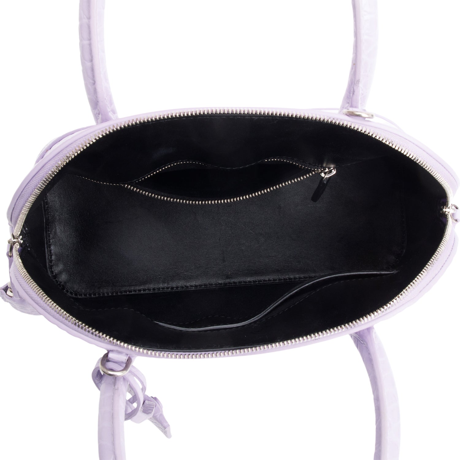 Balenciaga Lilac Shiny Calfskin Logo Croc Embossed S Ville Top Handle Bag w/ Strap