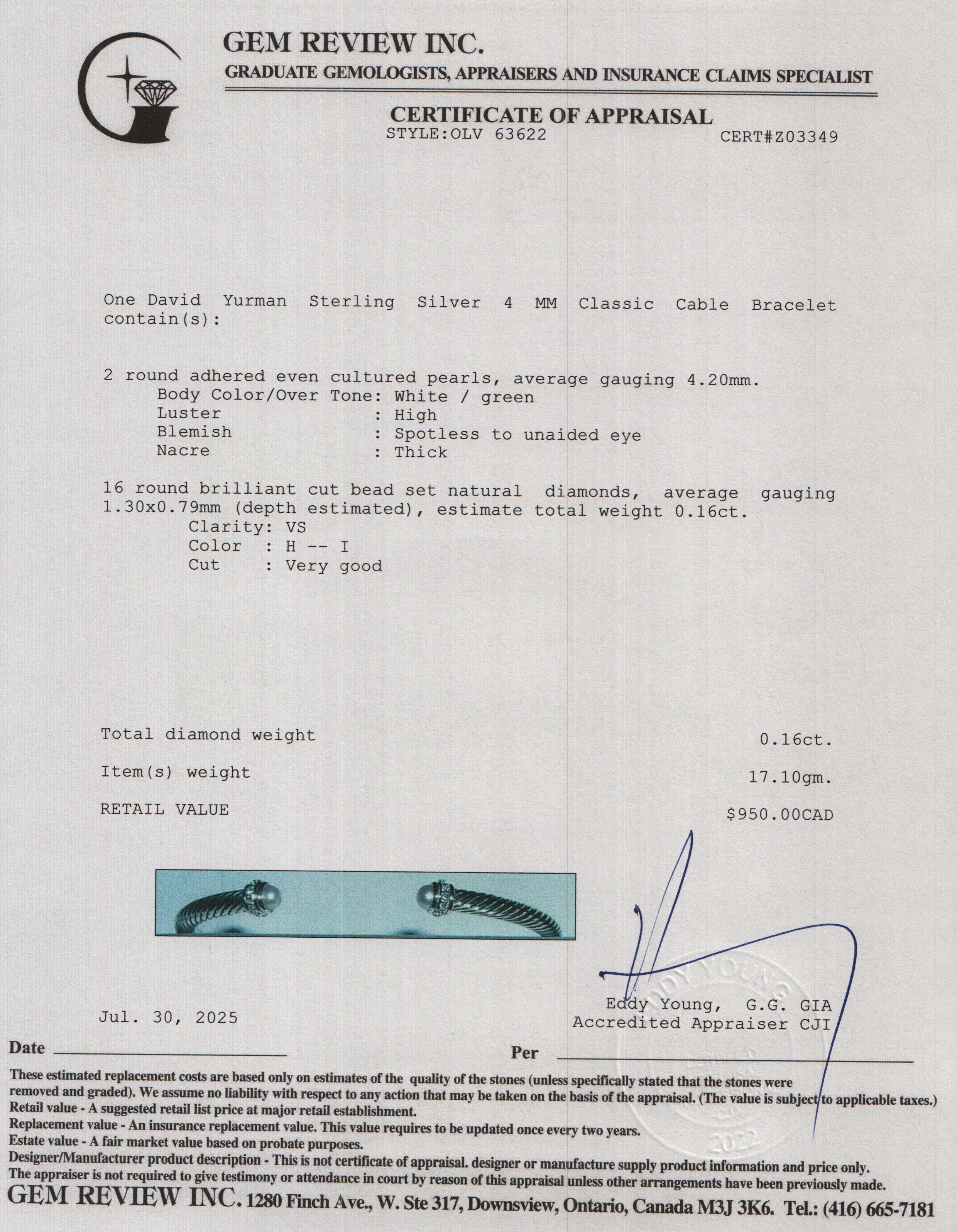 David Yurman Sterling Silver Pearl & Diamond 4 MM Classic Cable Bracelet