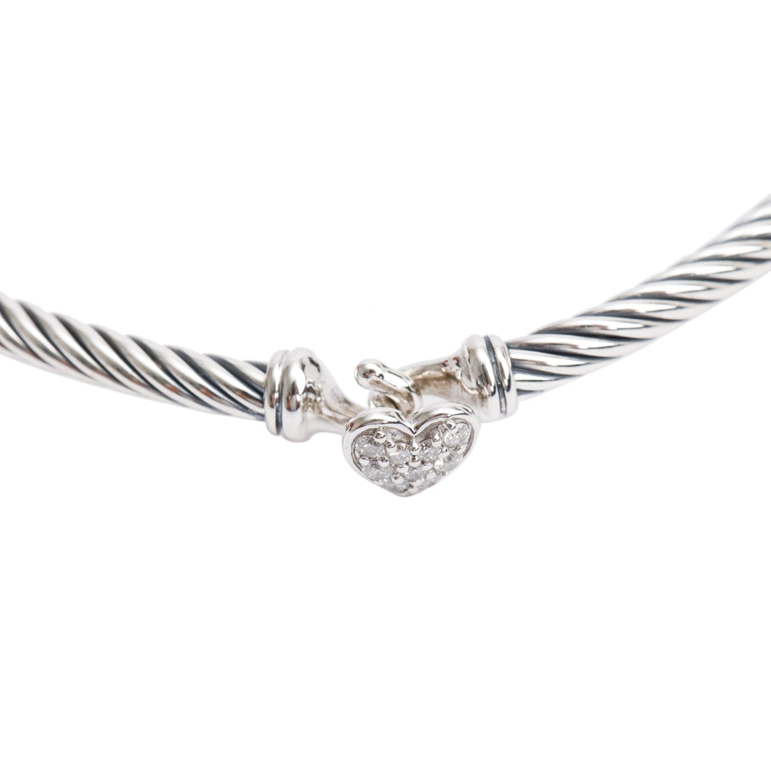 David Yurman Sterling Silver Diamond 3 MM Cable Heart Station Bracelet