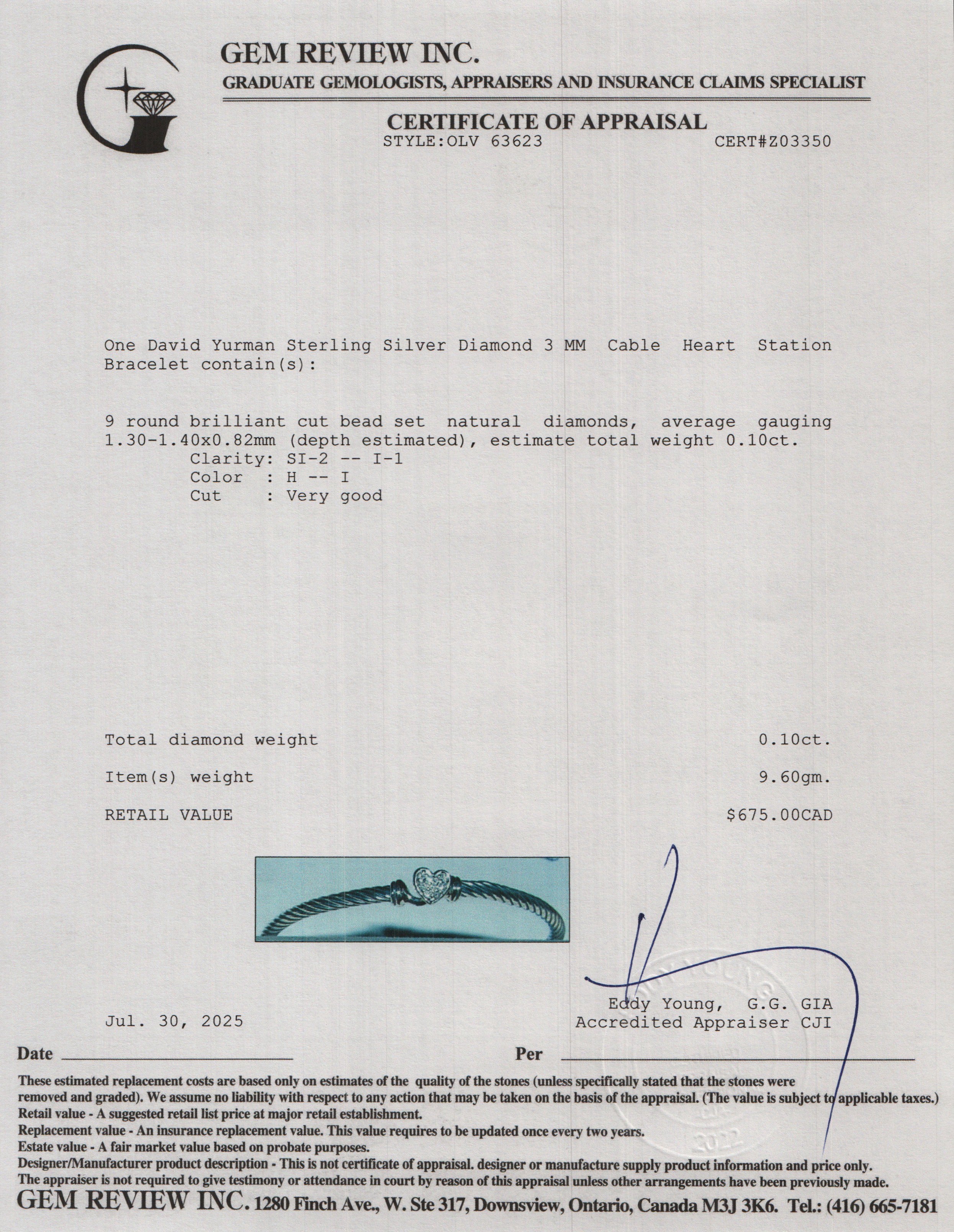 David Yurman Sterling Silver Diamond 3 MM Cable Heart Station Bracelet