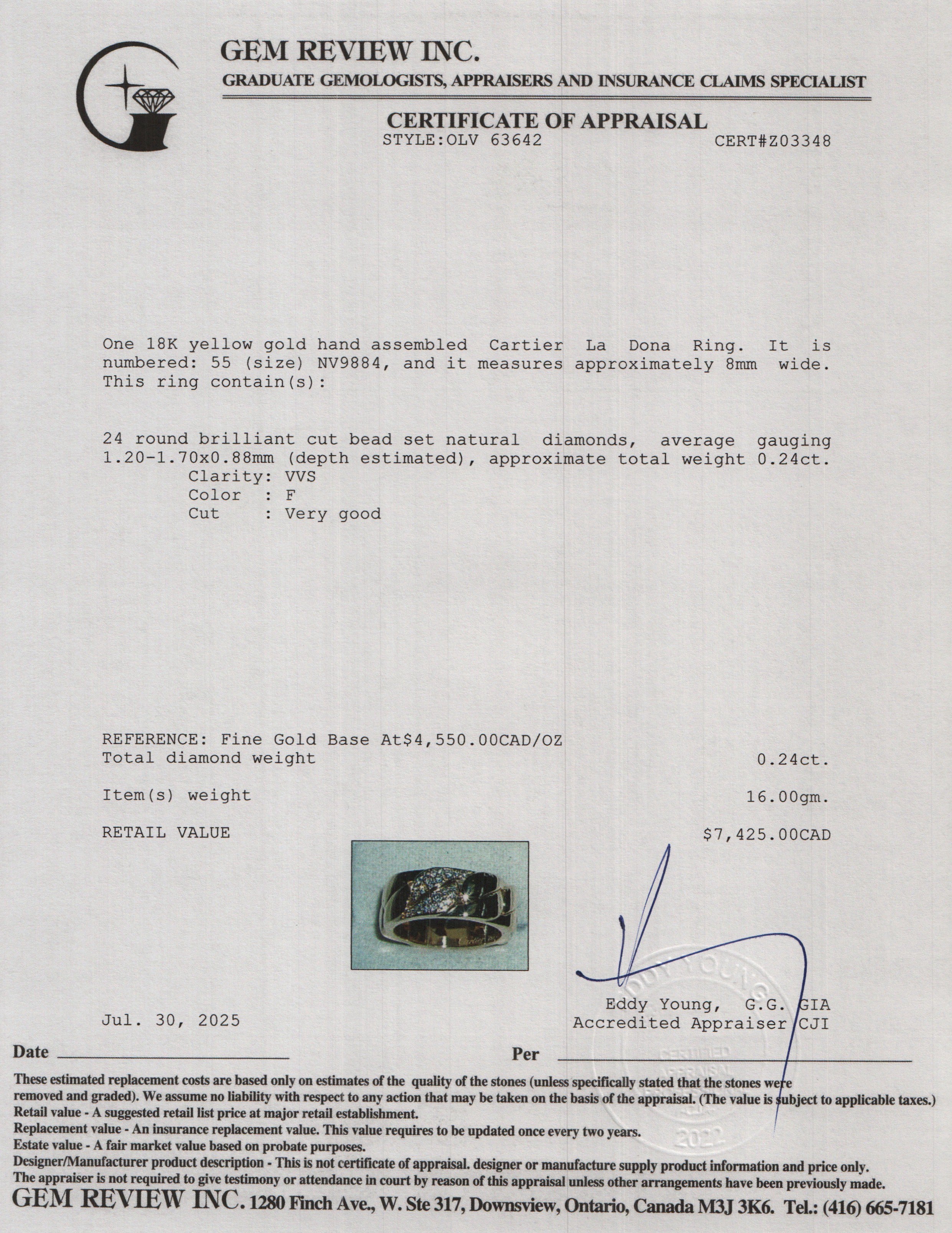 Cartier 18k Yellow Gold Diamond La Dona Ring, Size 55 7.25