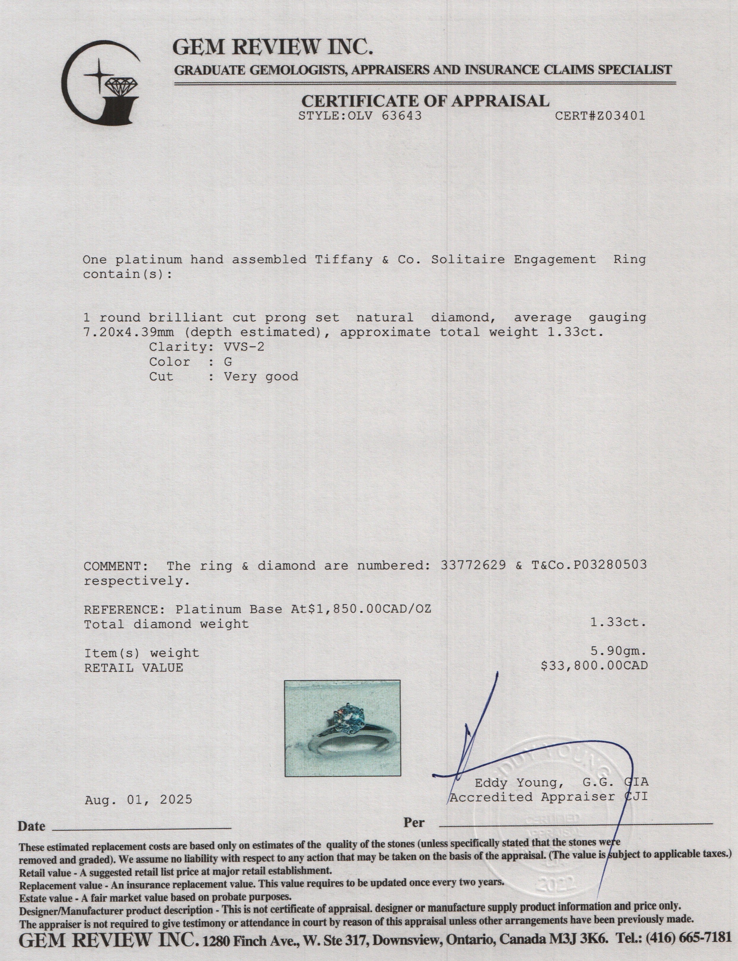 Tiffany & Co. Platinum 1.33 ct. Diamond Solitaire Engagement Ring, Size 6.75 w/ Box