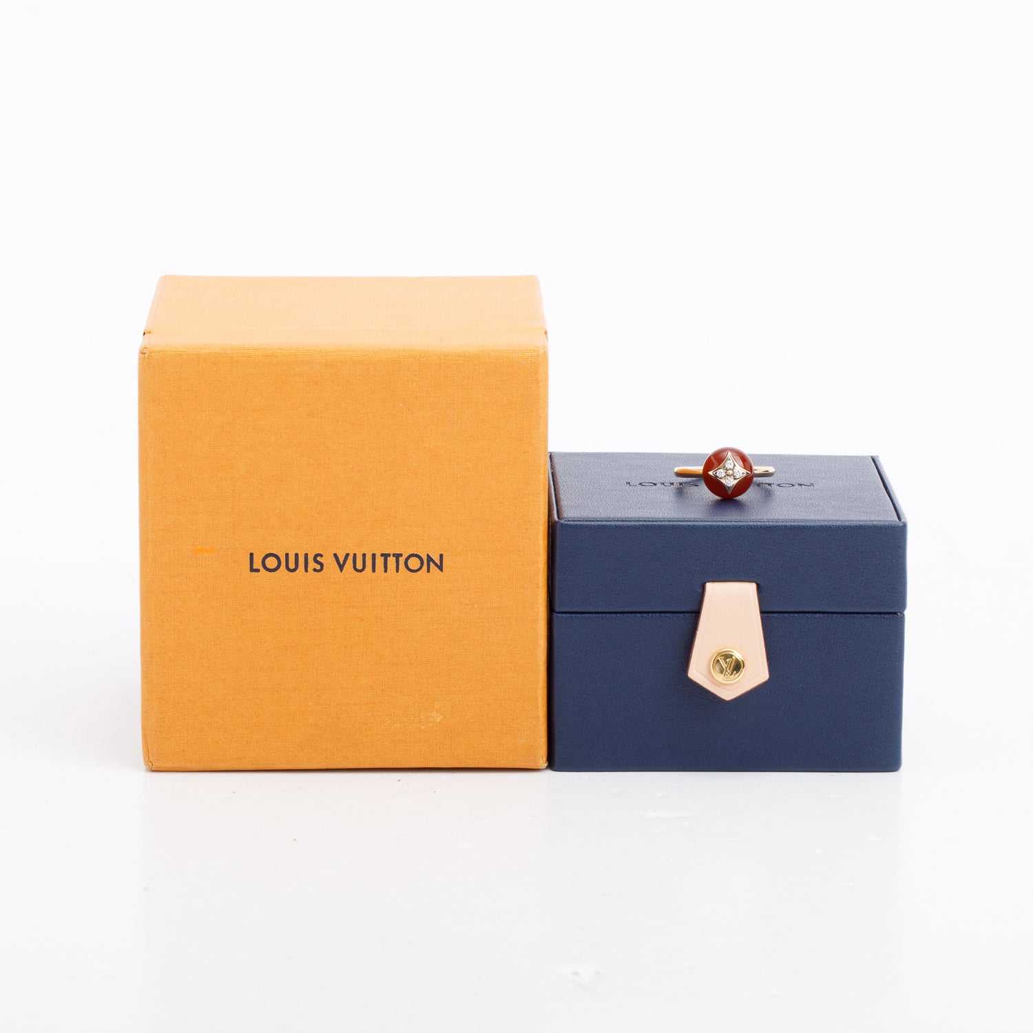 Louis Vuitton 18k Yellow Gold Diamond & Carnelian Color Blossom Ring, Size 54 6.75 w/ Box