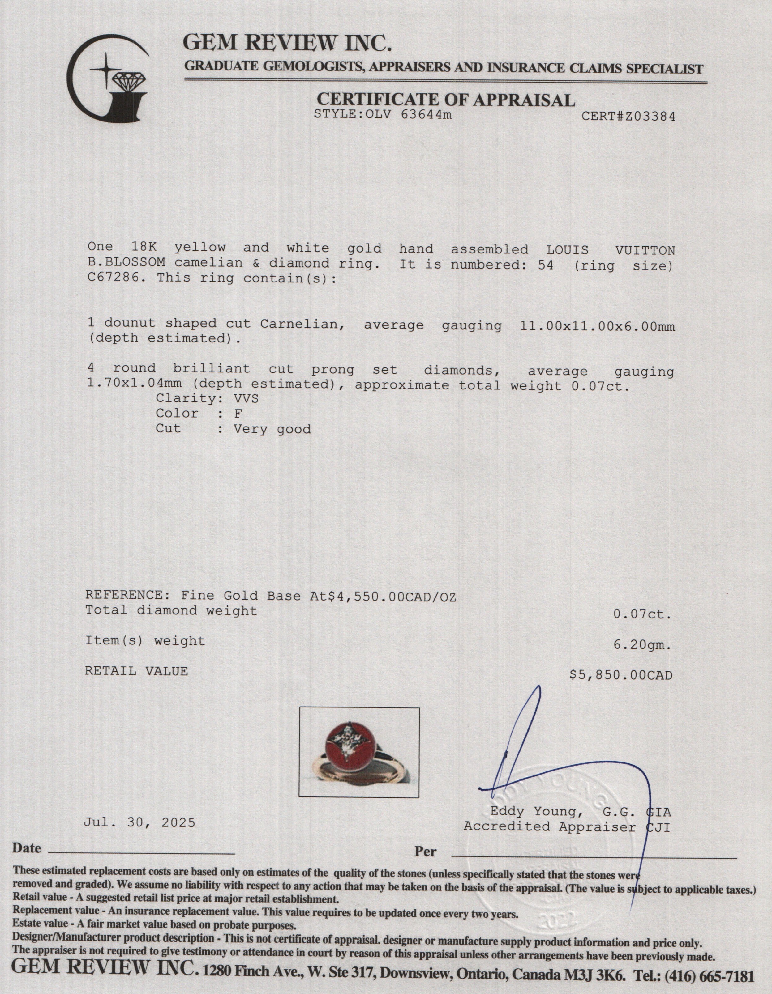 Louis Vuitton 18k Yellow Gold Diamond & Carnelian Color Blossom Ring, Size 54 6.75 w/ Box