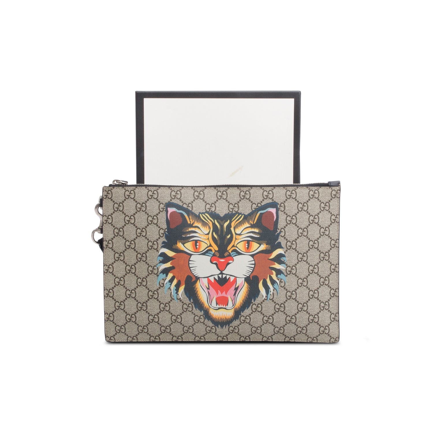 Gucci GG Supreme Monogram Angry Cat Zip Wristlet Pouch w/ Box
