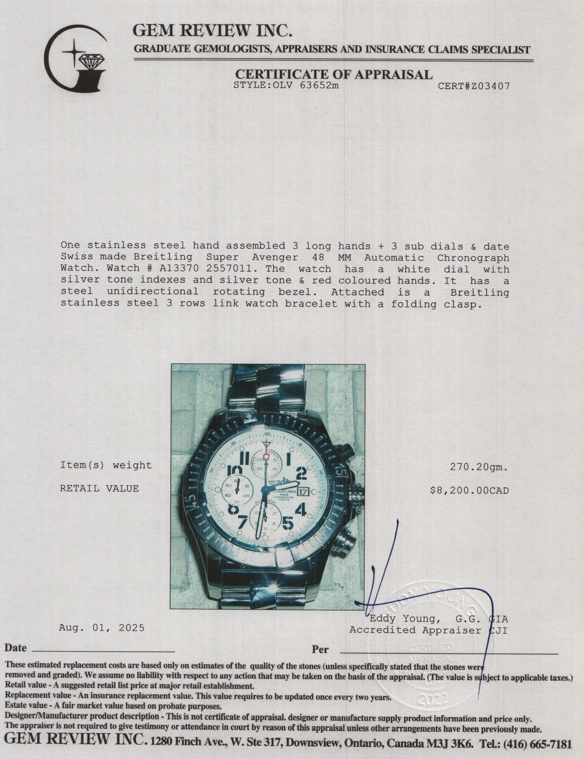 Breitling Stainless Steel Super Avenger 48 MM Automatic Chronograph Watch White Dial A13370 w/ Box, Papers & Extra Strap