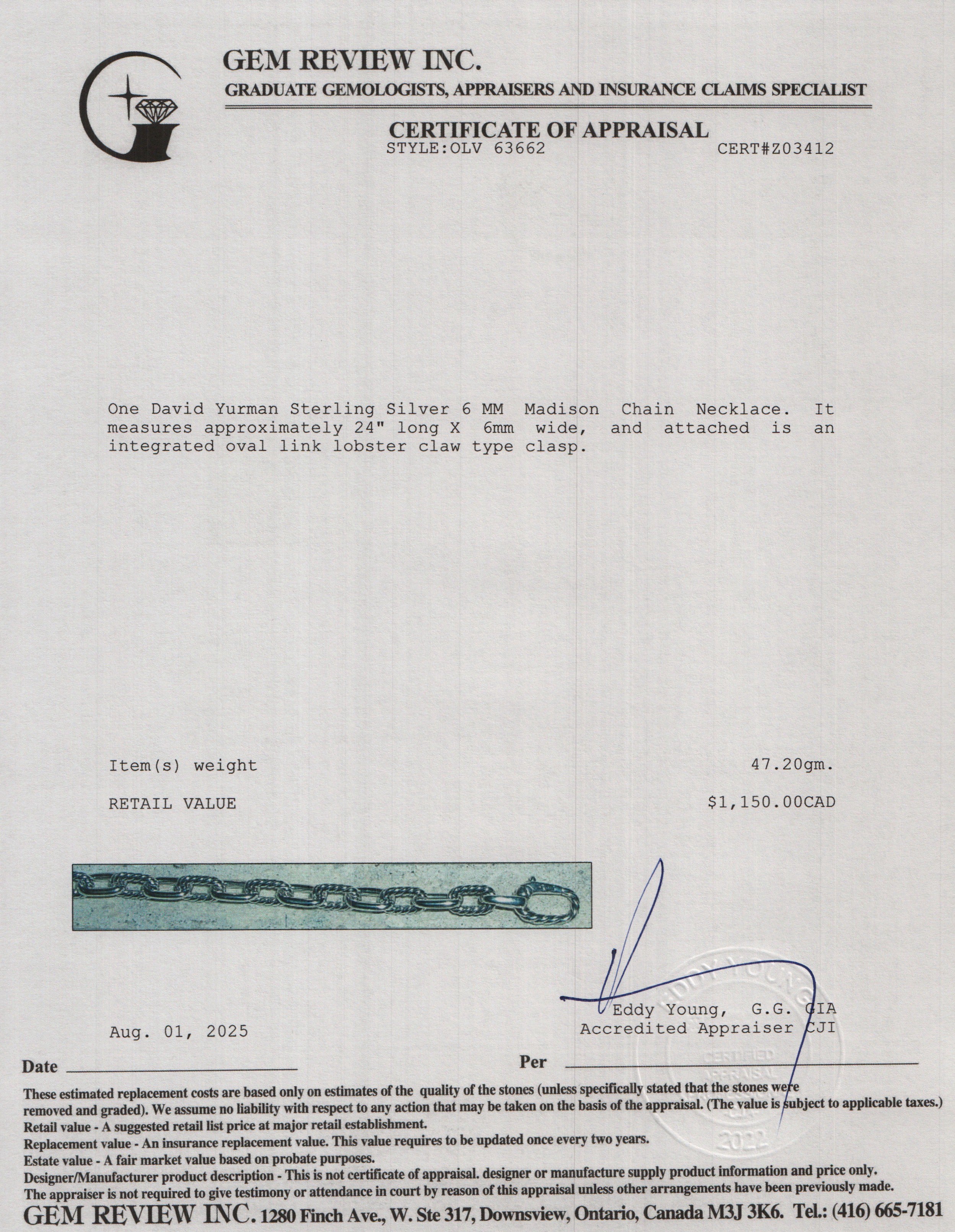 David Yurman Sterling Silver 6 MM Madison Chain Necklace