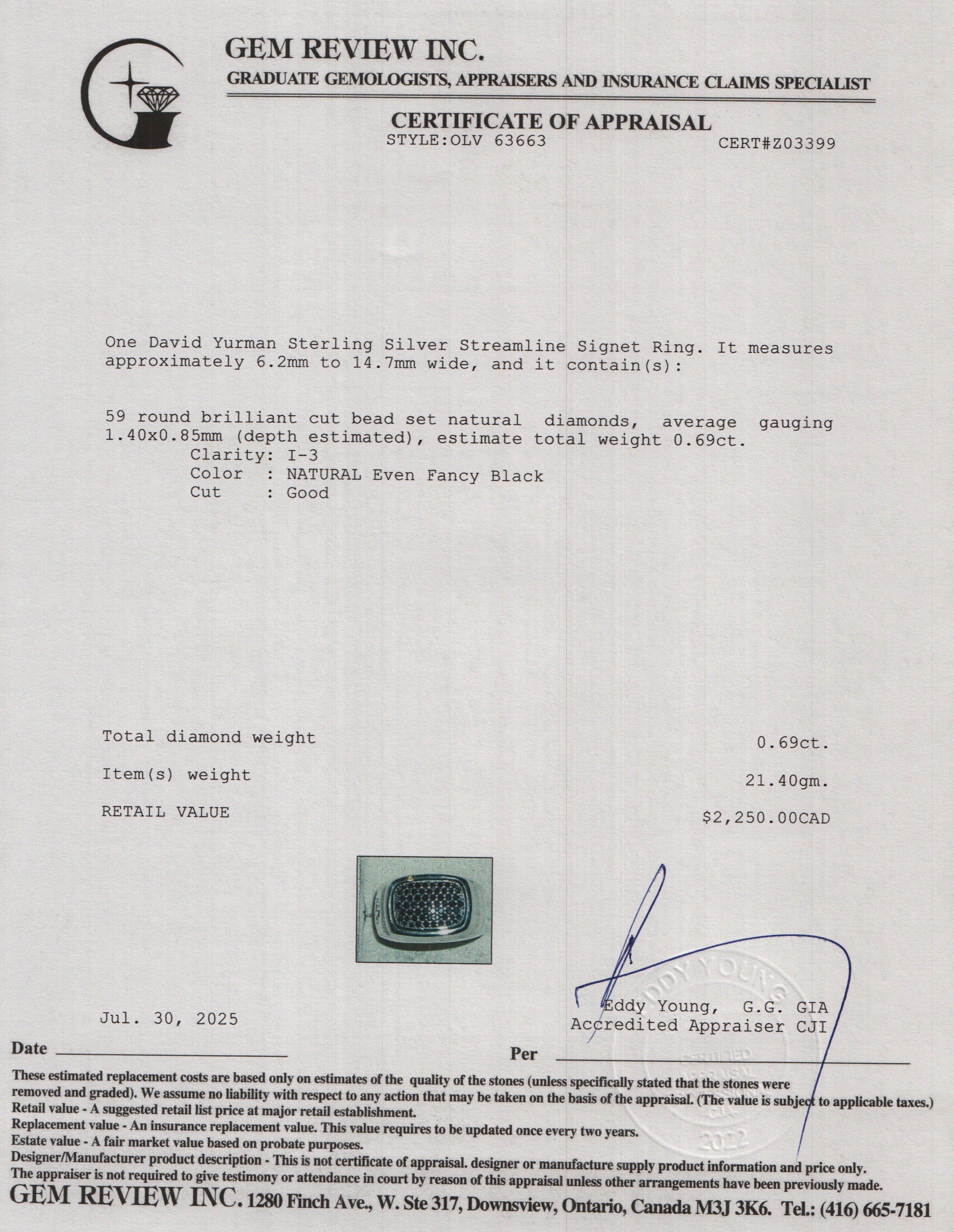 David Yurman Sterling Silver Black Diamond Streamline Signet Ring, Size 9.25