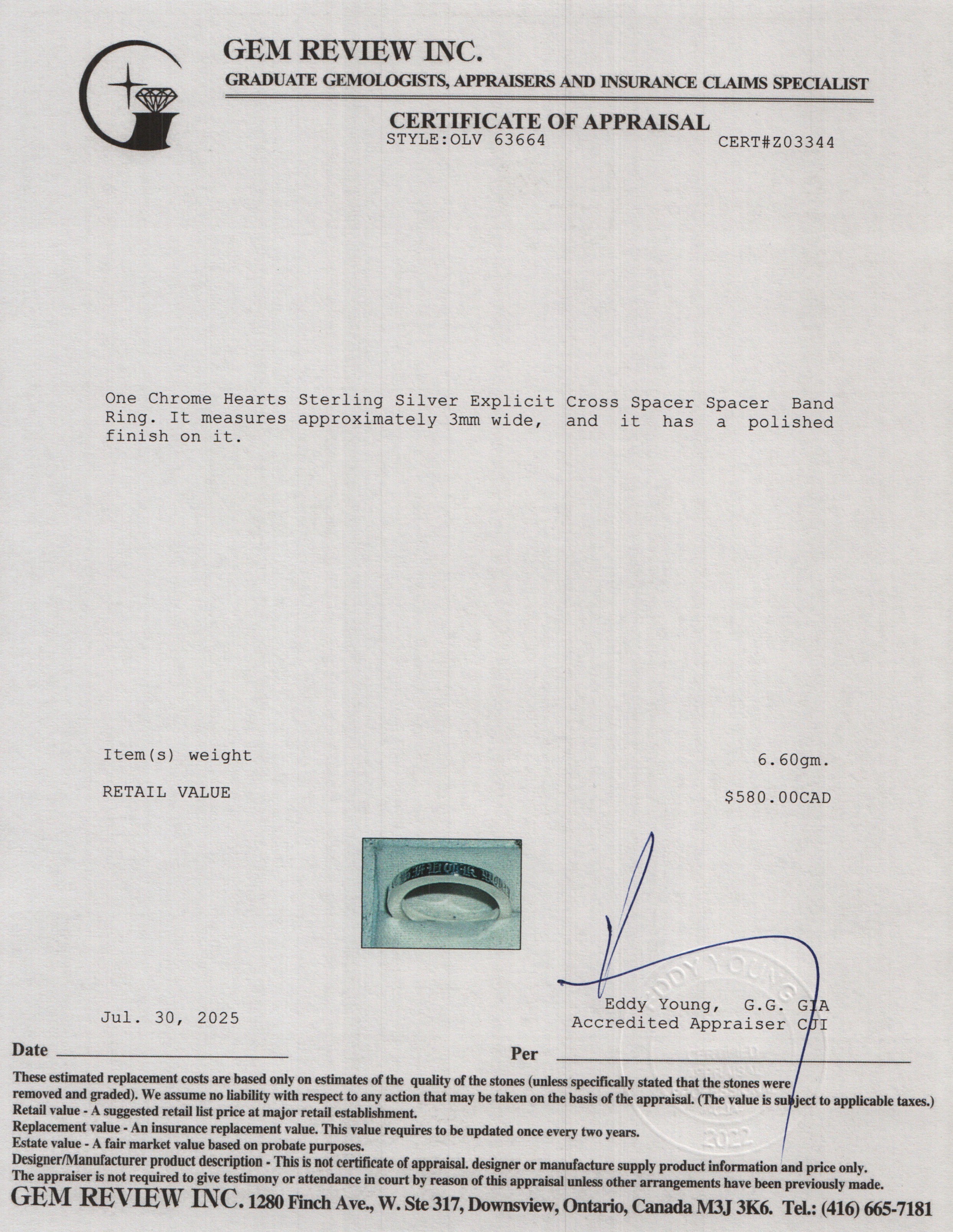 Chrome Hearts Sterling Silver Explicit Cross Spacer Spacer Band Ring, Size 9.5