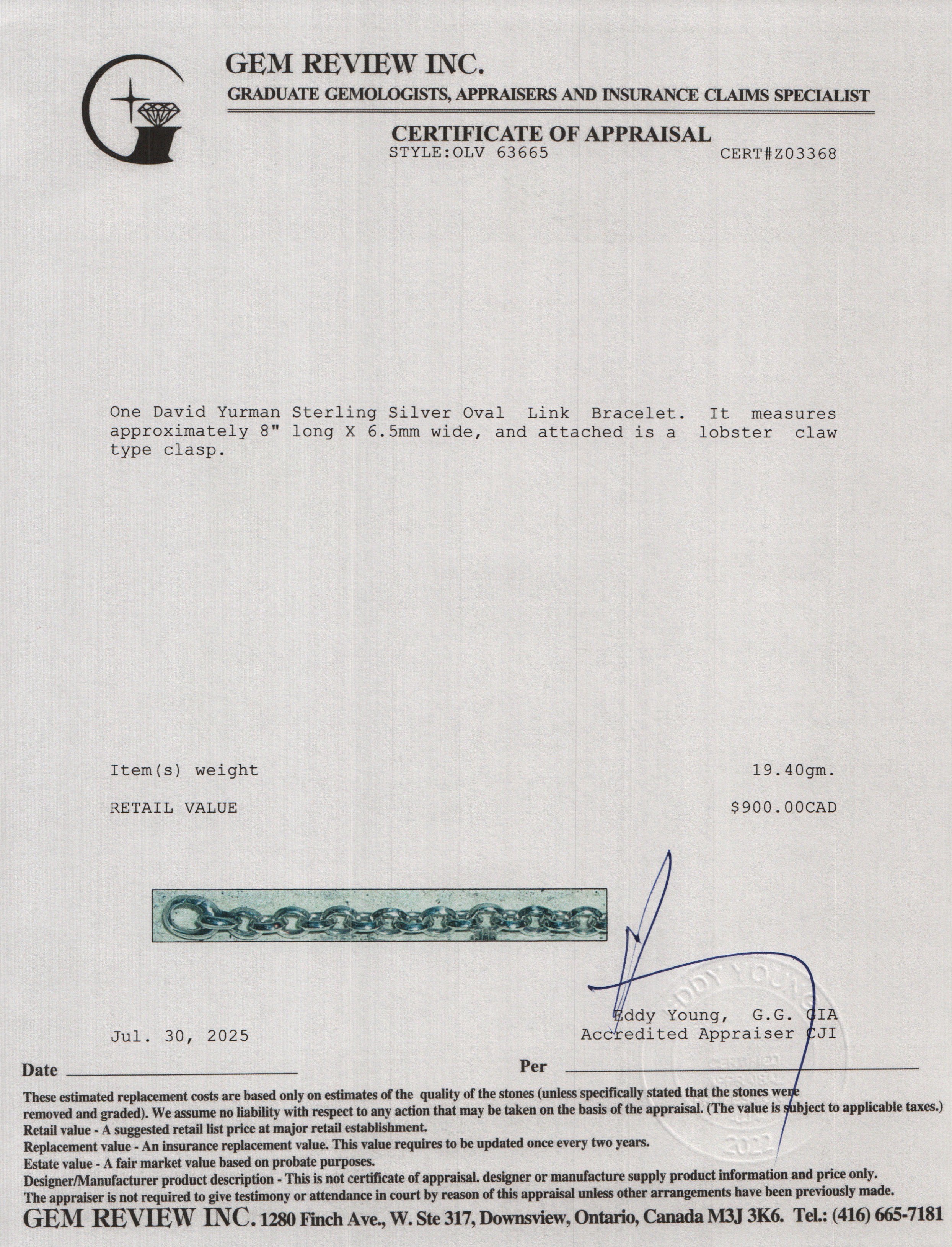 David Yurman Sterling Silver Oval Link Bracelet