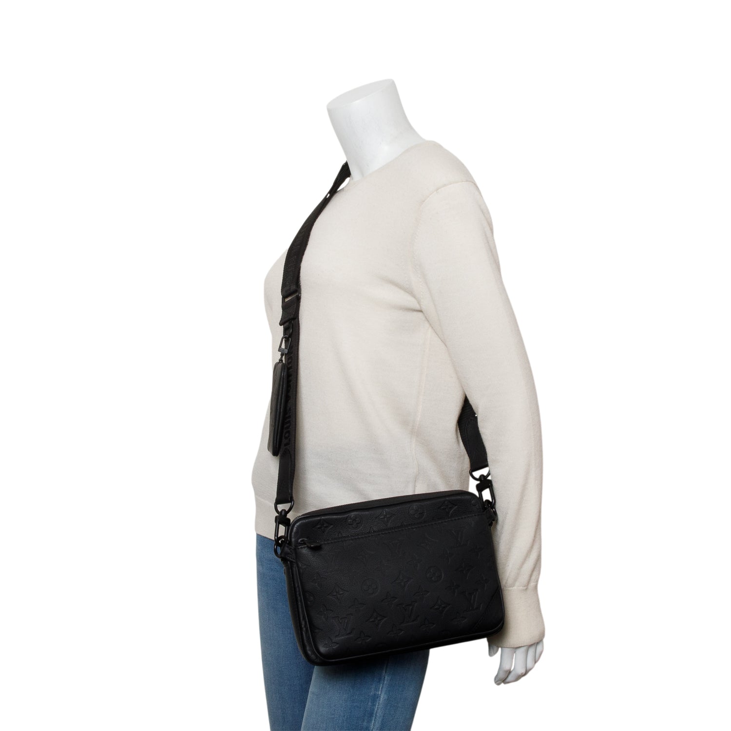 Louis Vuitton Black Monogram Shadow Embossed Calfskin Leather Trio Messenger Bag