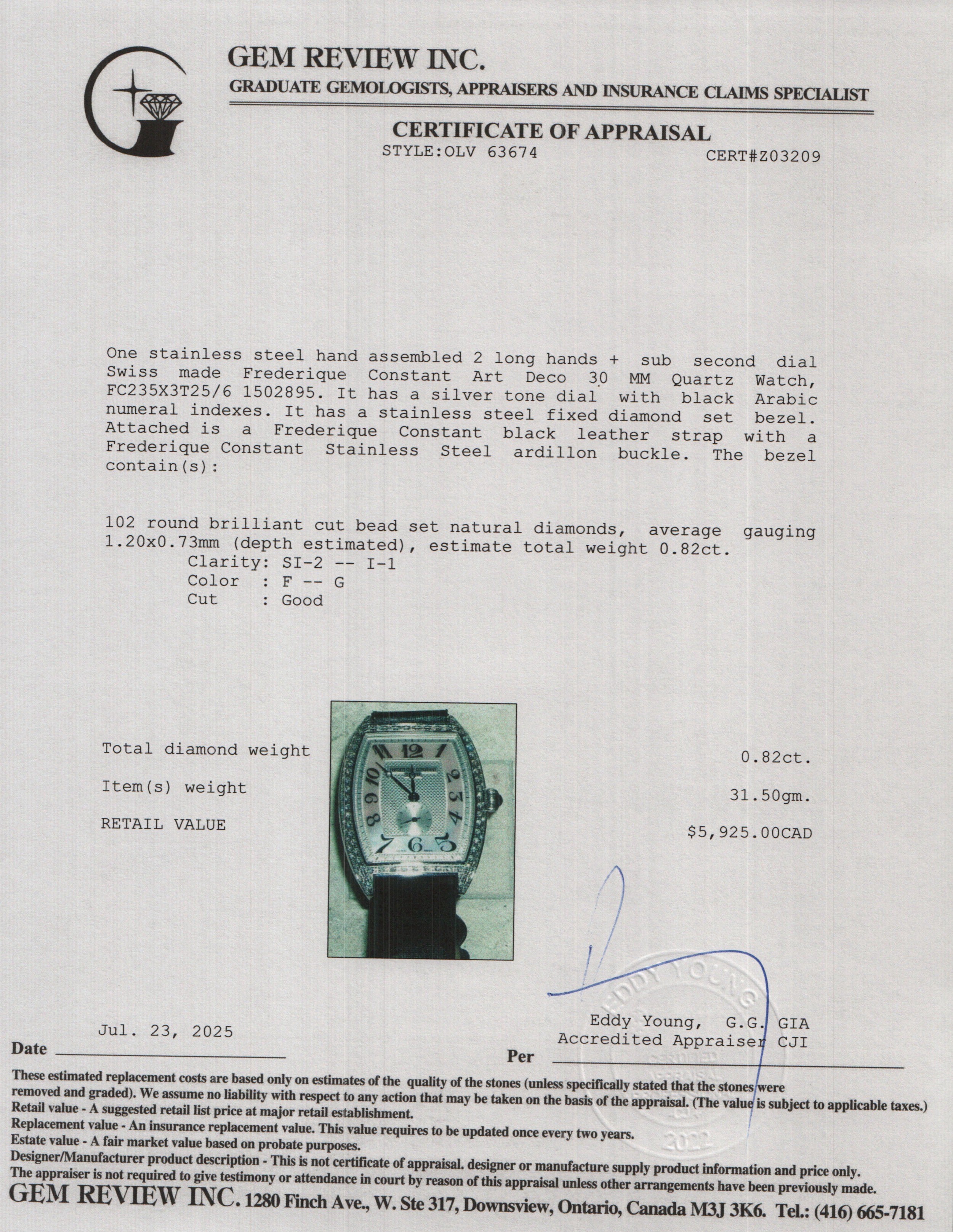 Frederique Constant Stainless Steel Diamond Bezel Art Deco 30 MM Quartz Watch