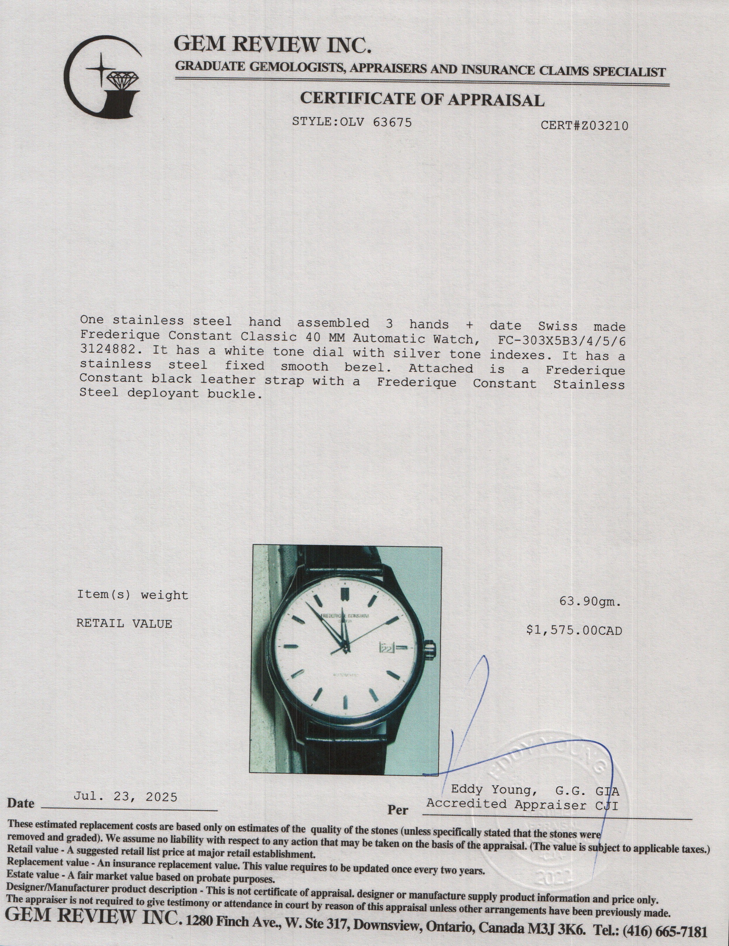 Frederique Constant Stainless Steel Classic 40 MM Automatic Watch Silver Dial w/ Box & Papers