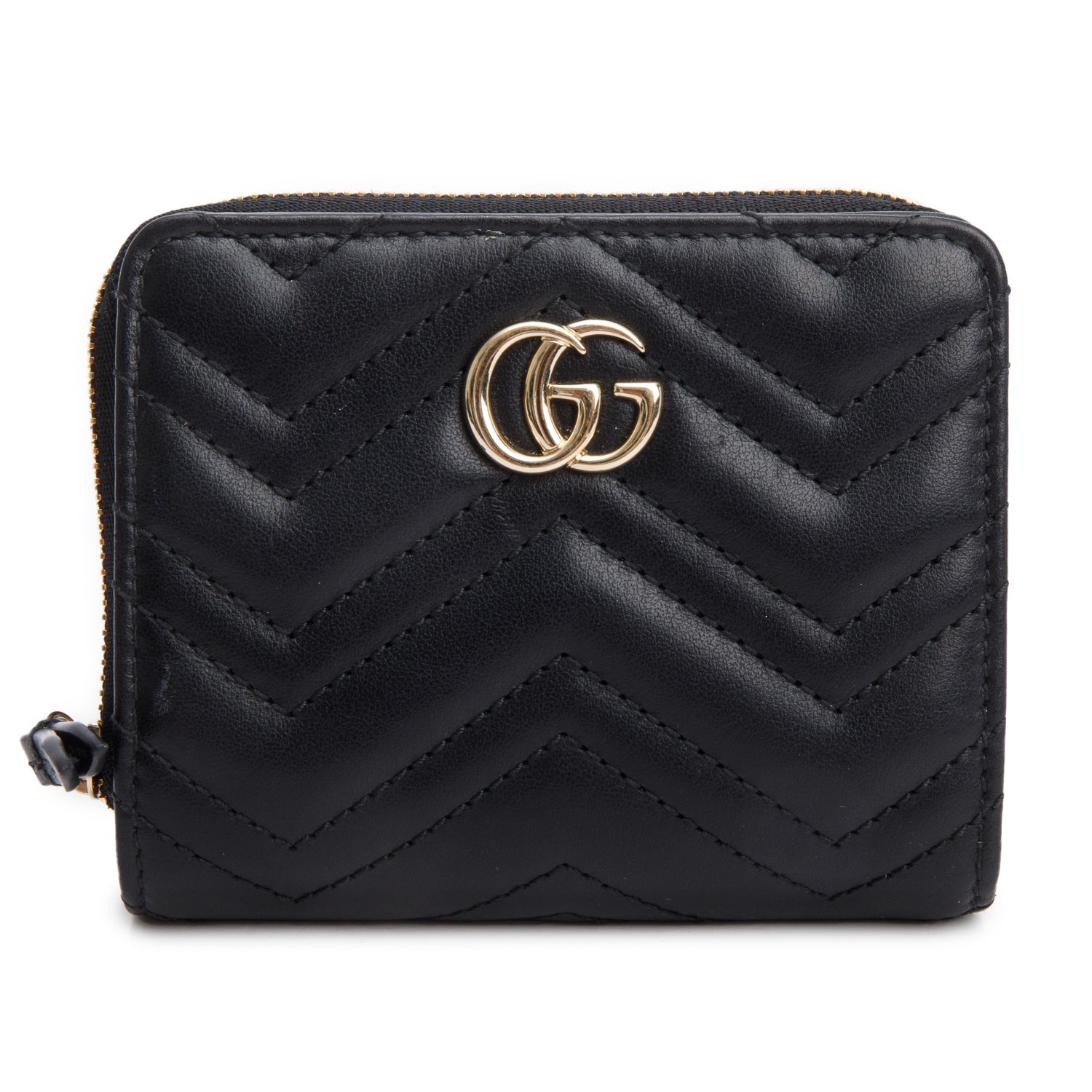 Gucci Black GG Marmont Matelasse Leather Compact Zip Mini Wallet w/ Box