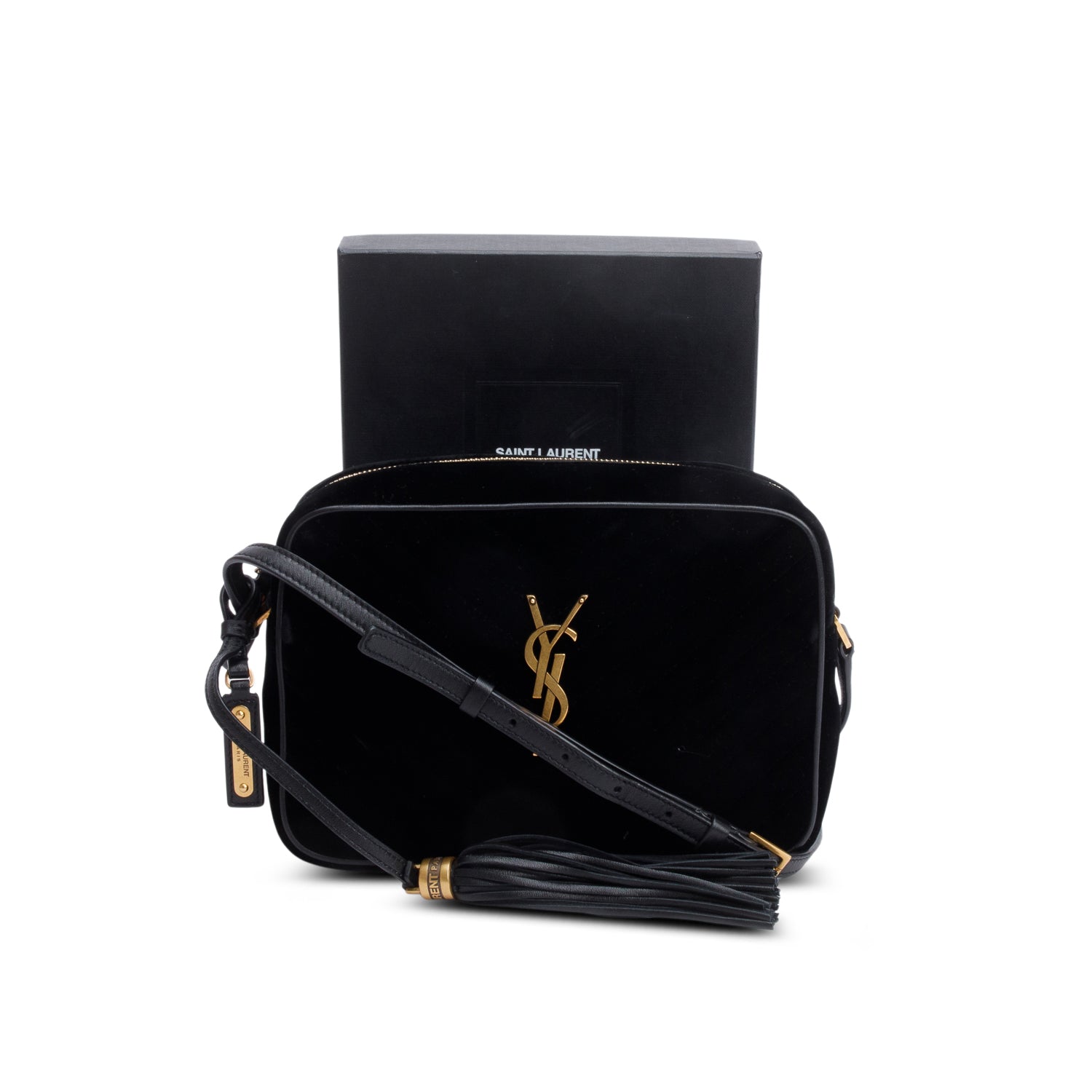Saint Laurent Black Velvet Medium Lou Chevron Camera Bag w/ Box