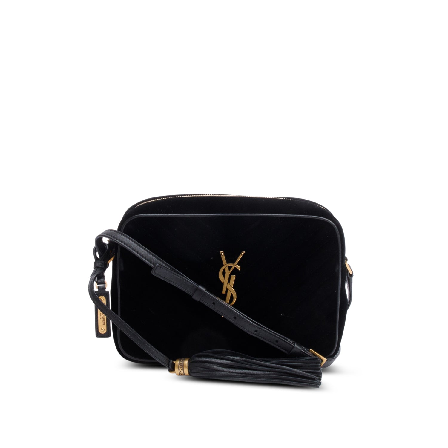 Saint Laurent Black Velvet Medium Lou Chevron Camera Bag w/ Box