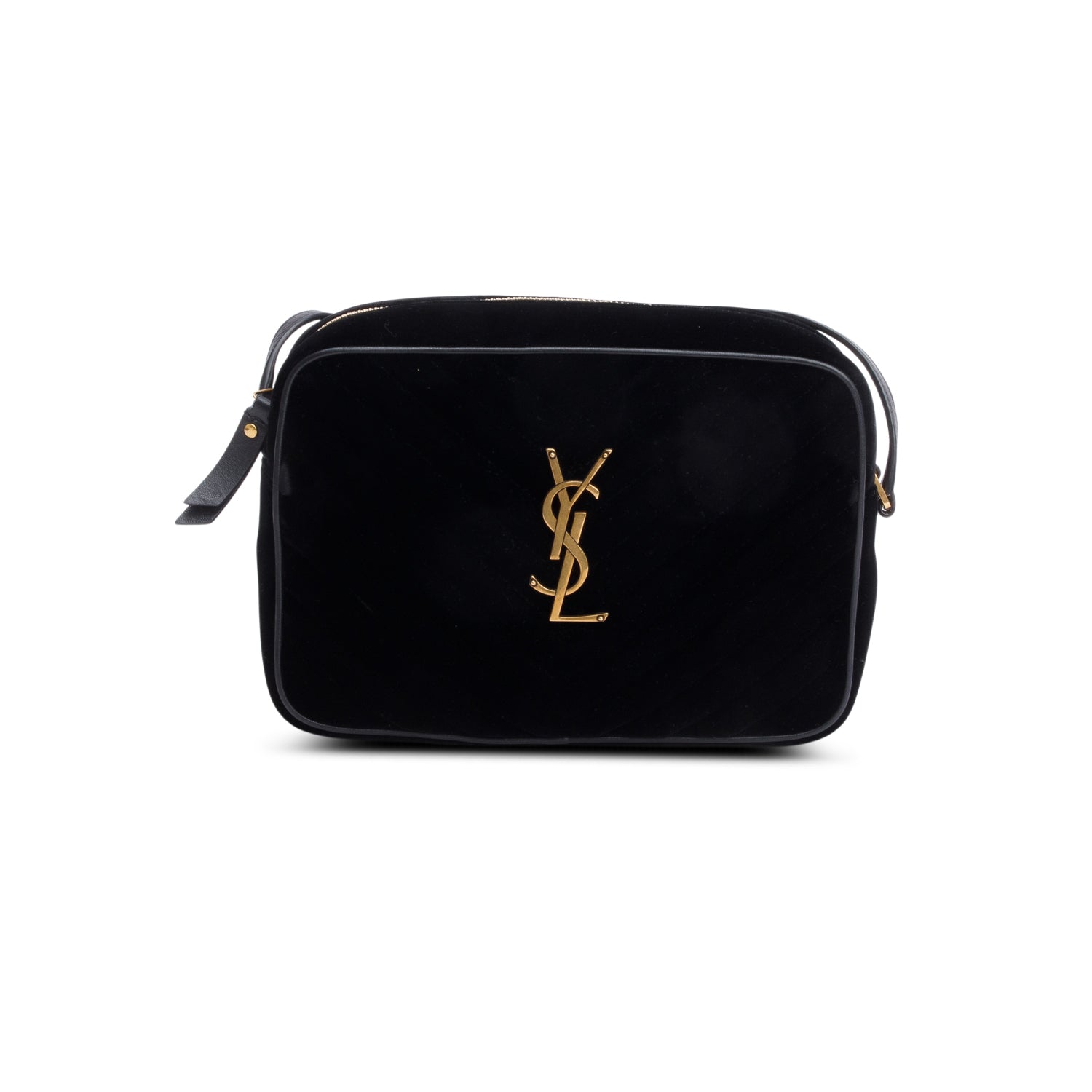 Saint Laurent Black Velvet Medium Lou Chevron Camera Bag w/ Box