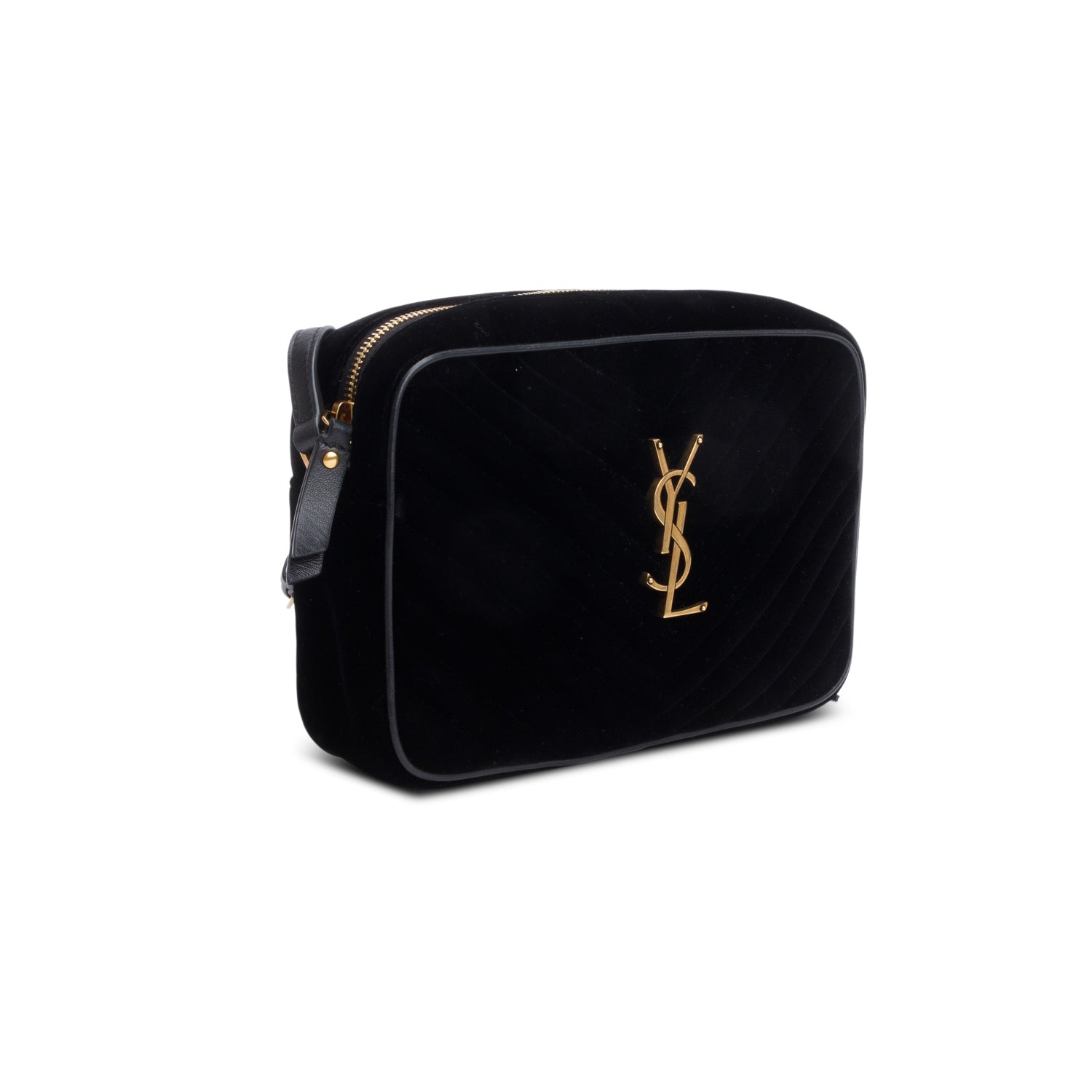 Saint Laurent Black Velvet Medium Lou Chevron Camera Bag w/ Box