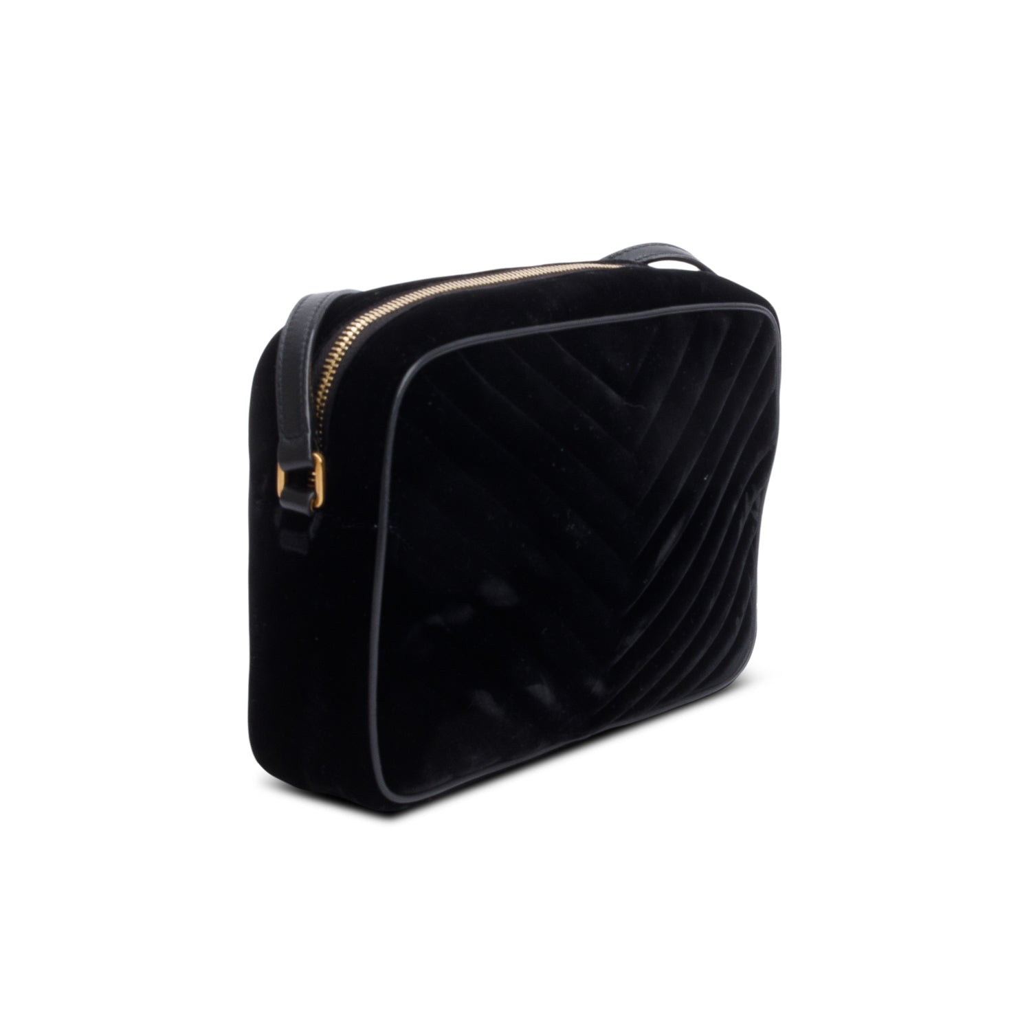 Saint Laurent Black Velvet Medium Lou Chevron Camera Bag w/ Box